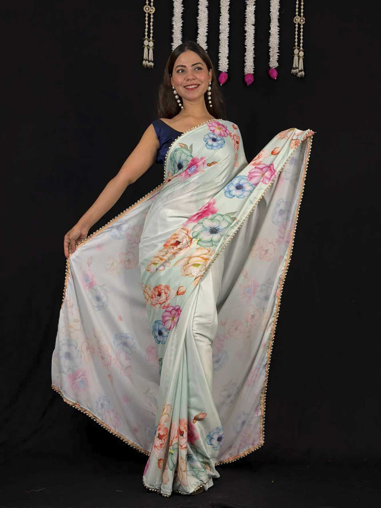 Ready To Wear Saree Floral Printed Soft Satin With Moti Lace