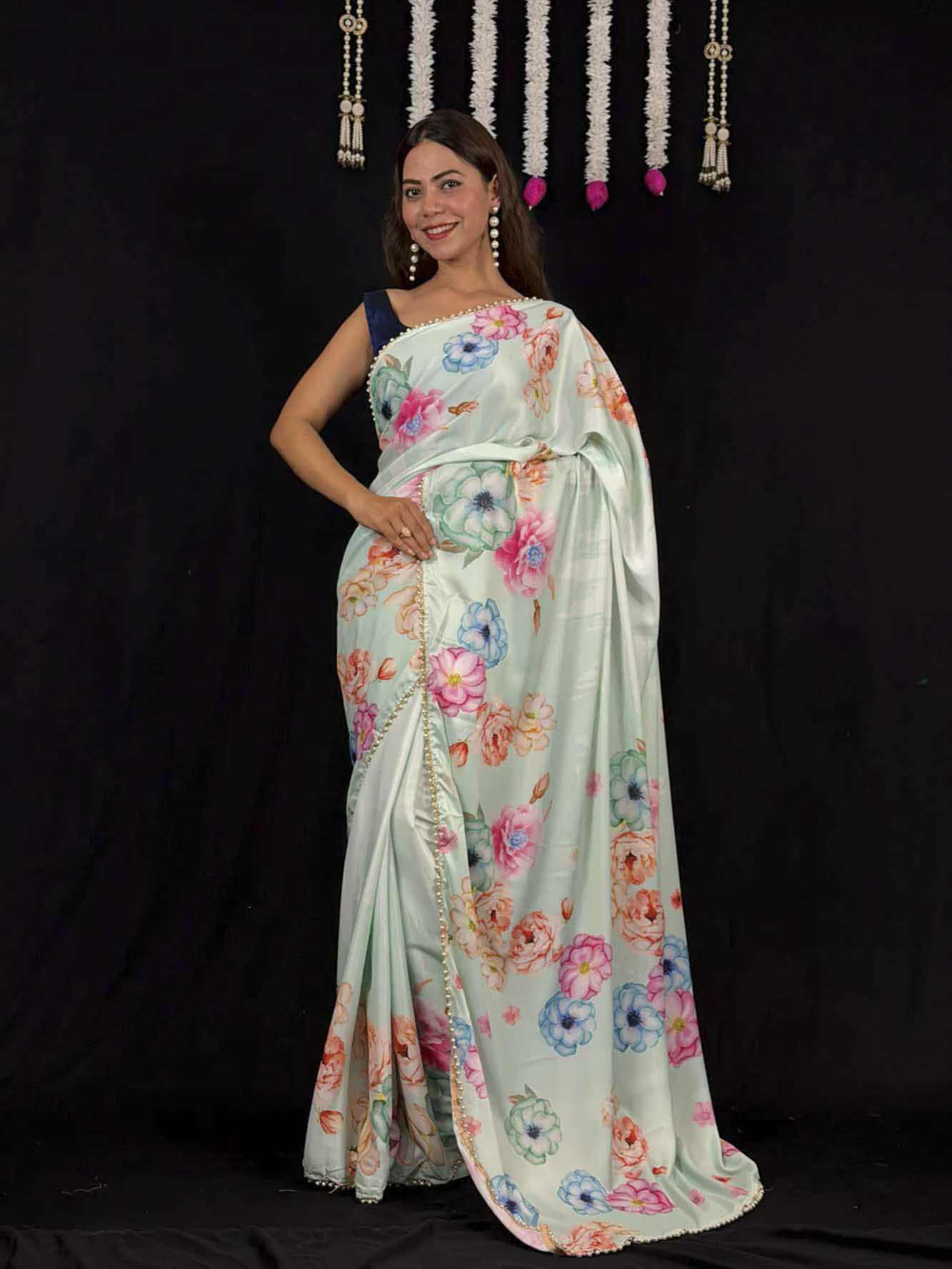 Ready To Wear Saree Floral Printed Soft Satin With Moti Lace