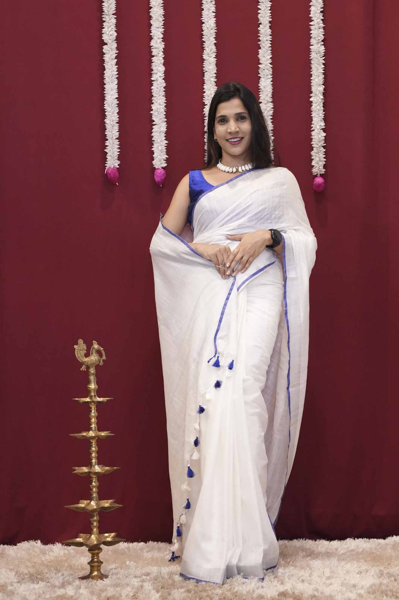 White Linen Cotton with Royal Blue Border & Tassel Pallu Ready To Wear Saree