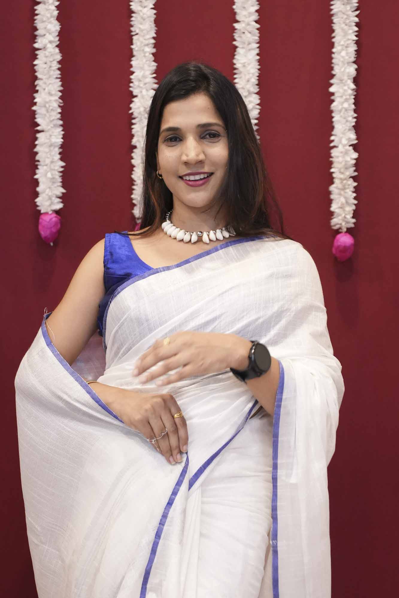 White Linen Cotton with Royal Blue Border & Tassel Pallu Ready To Wear Saree