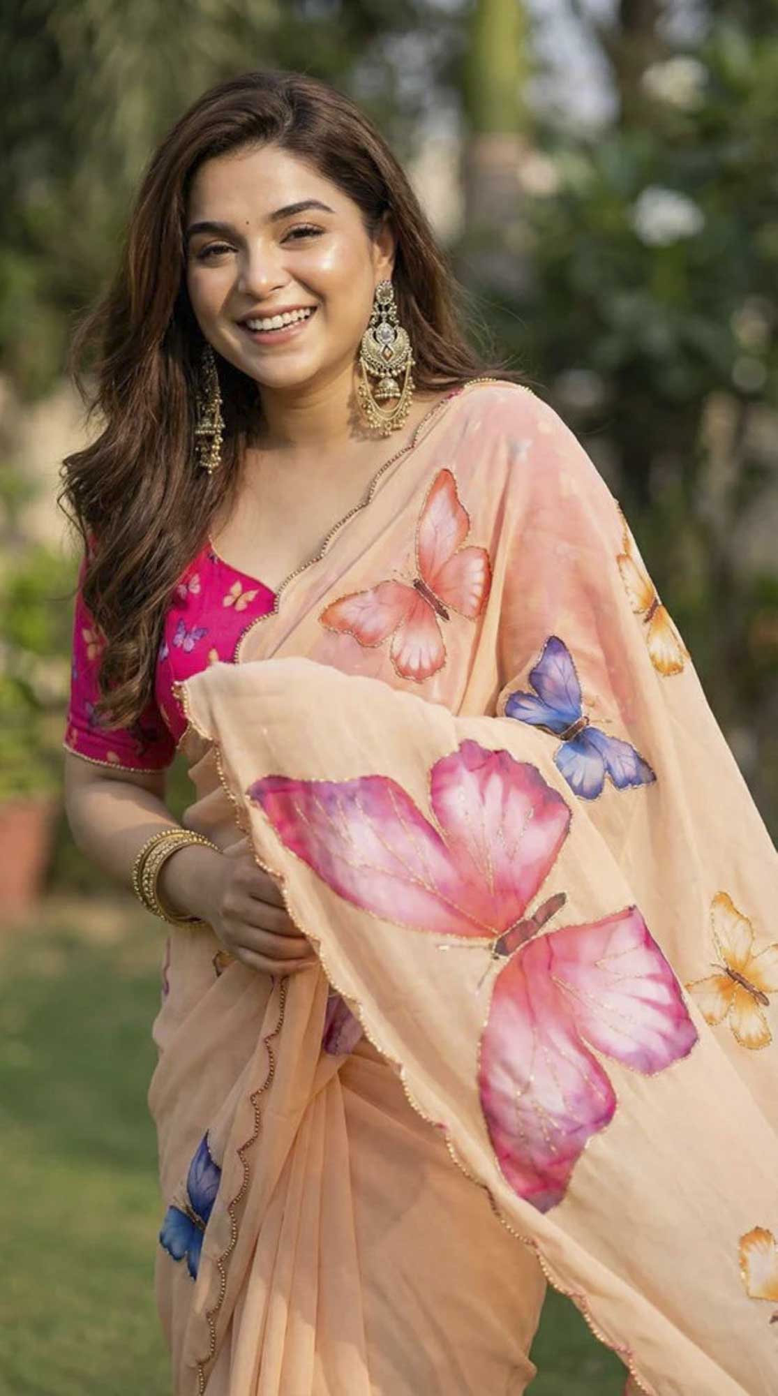 Peach Butterfly Printed Georgette Ready To Wear Saree
