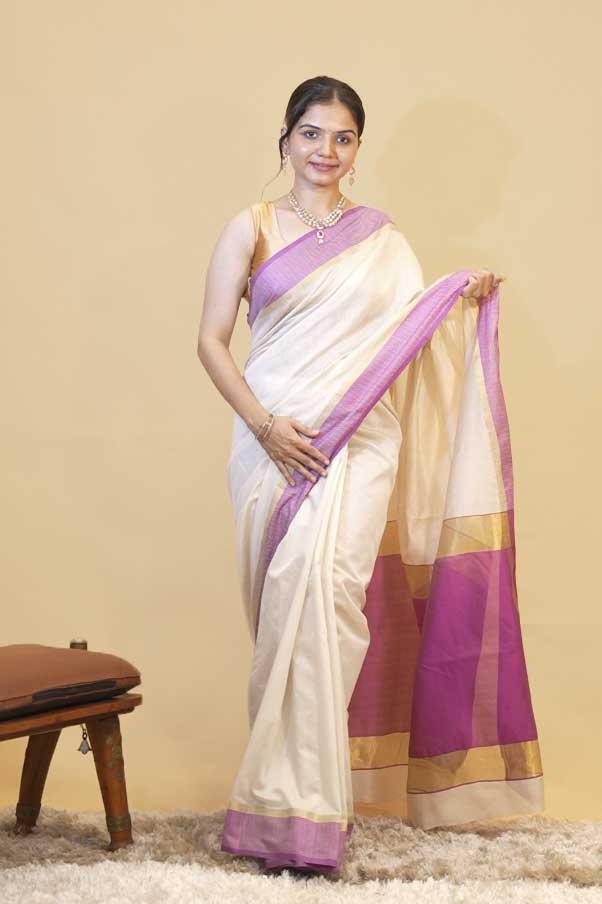 Onam Special Off-White Cotton Striped Woven Border Ready To Wear Saree