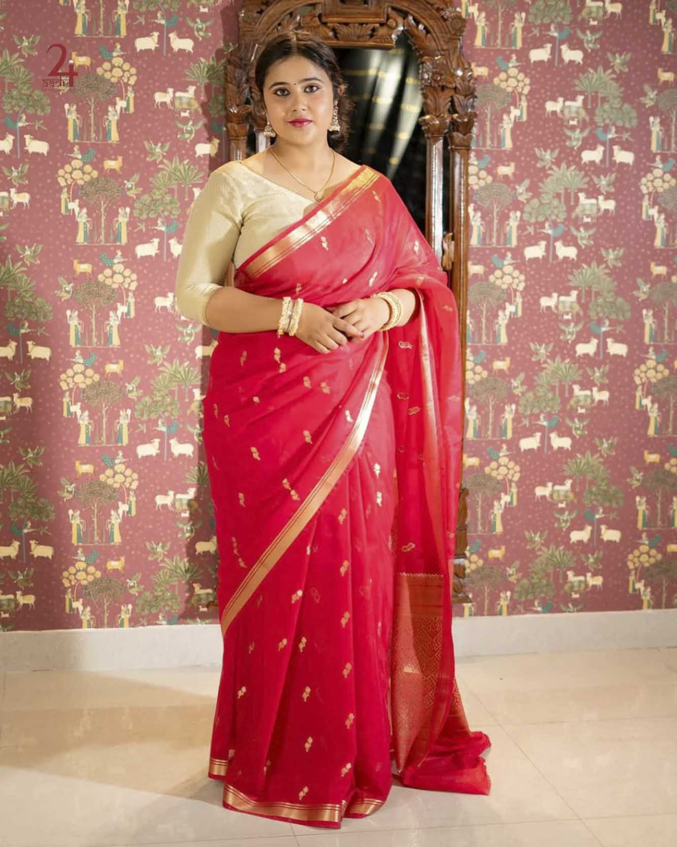 Elegant Red Traditional Zari Border Ready To Wear Saree