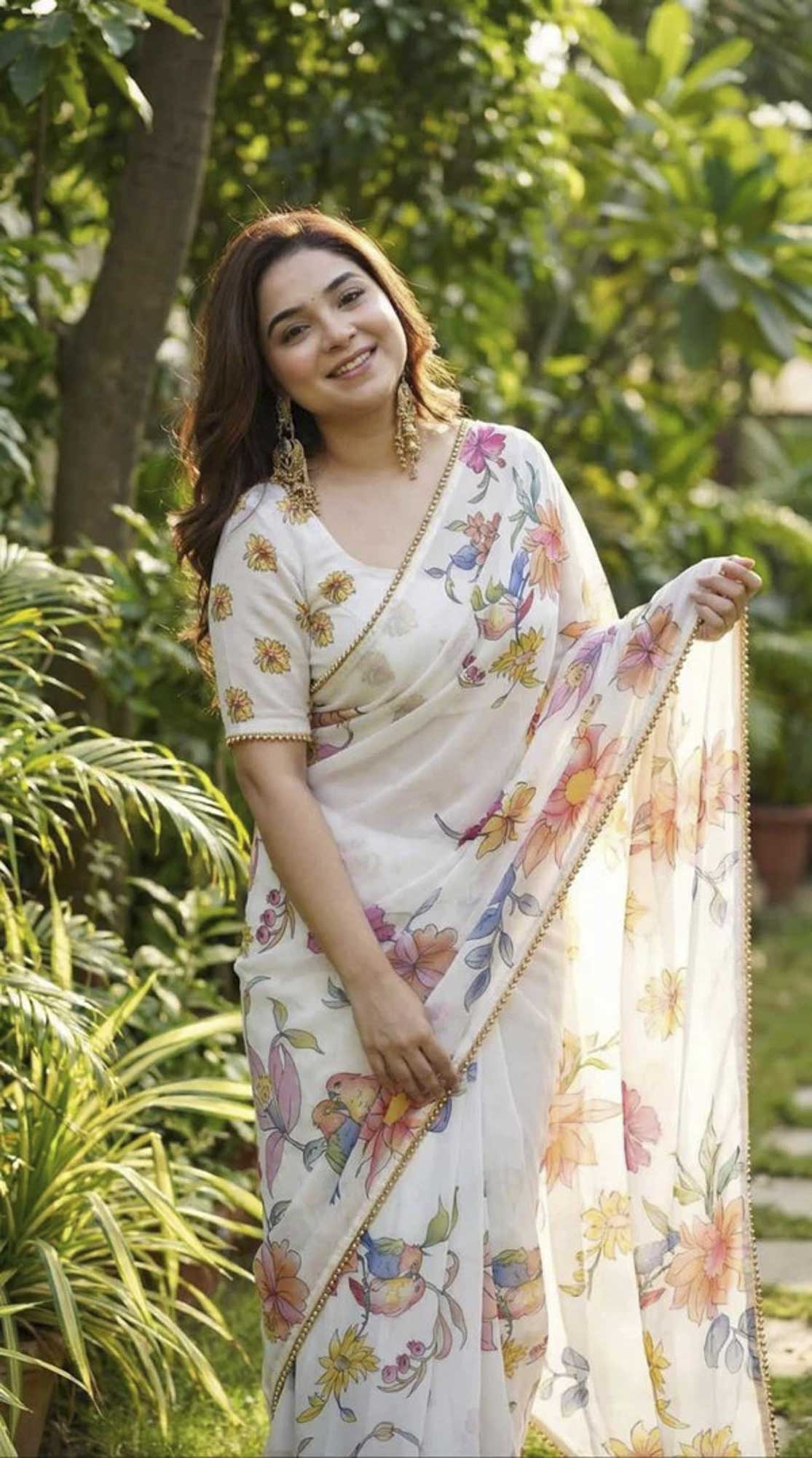 Summery Floral Organza with Pearl woven Border Ready To Wear Saree
