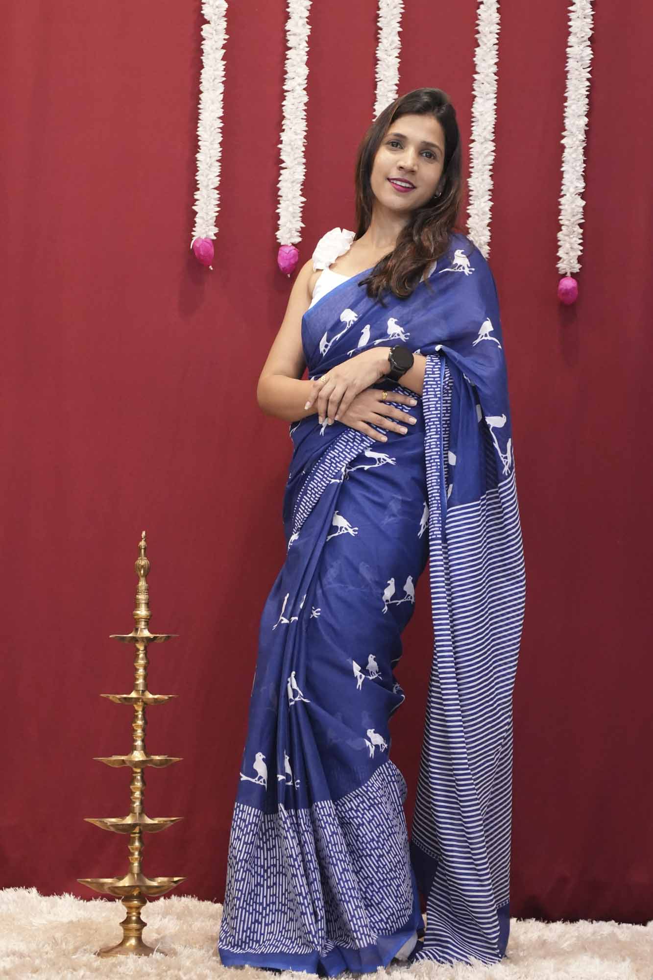 Blue Bird Print Cotton with Striped Pallu Ready to Wear Saree
