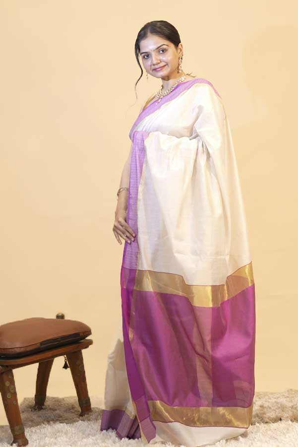 Onam Special Off-White Cotton Striped Woven Border Ready To Wear Saree