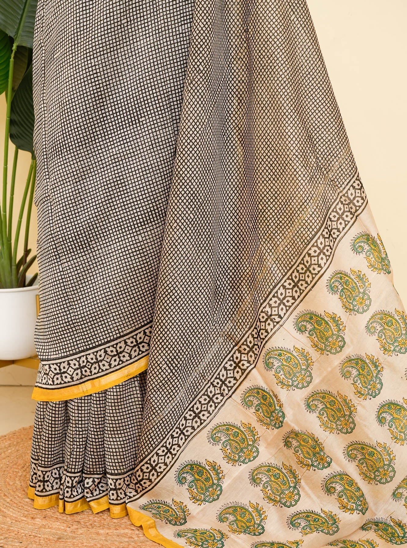 White Black Bagru Handblock printed Chanderi Silk Cotton Saree Check Mate | Shobitam