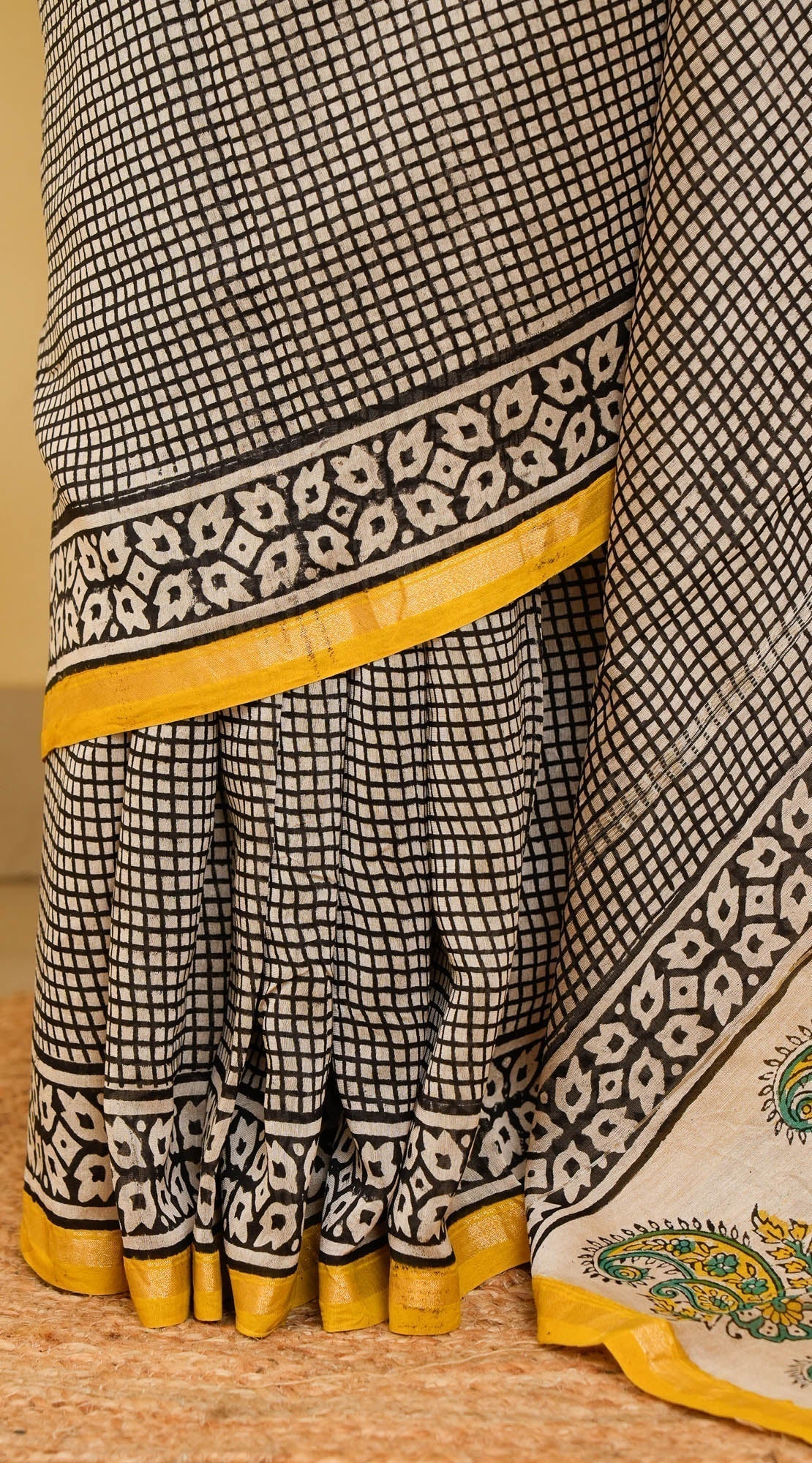 White Black Bagru Handblock printed Chanderi Silk Cotton Saree Check Mate | Shobitam