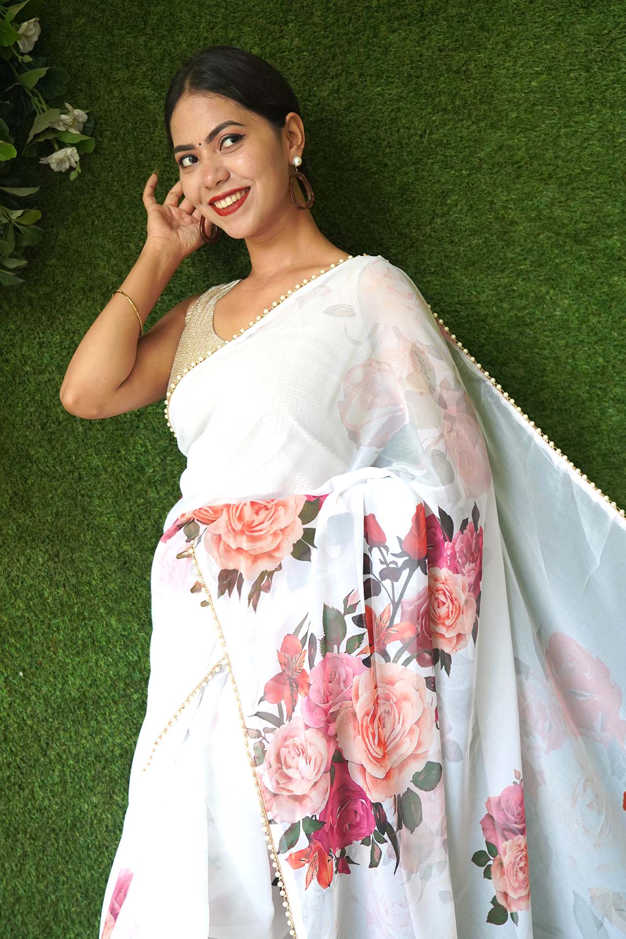 Ready to wear Georgette Floral Printed Saree with Moti Lace Wrap in 1 minute Saree with Readymade Blouse - Isadora Life