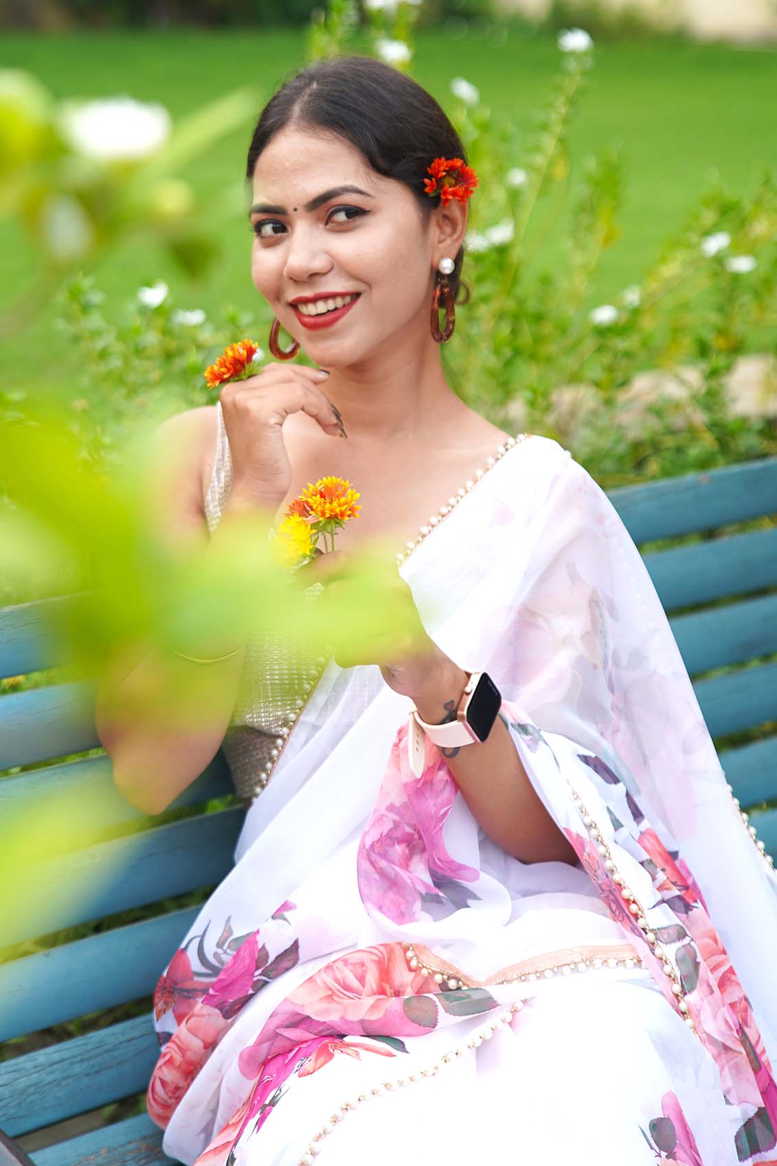 Ready to wear Georgette Floral Printed Saree with Moti Lace Wrap in 1 minute Saree with Readymade Blouse - Isadora Life