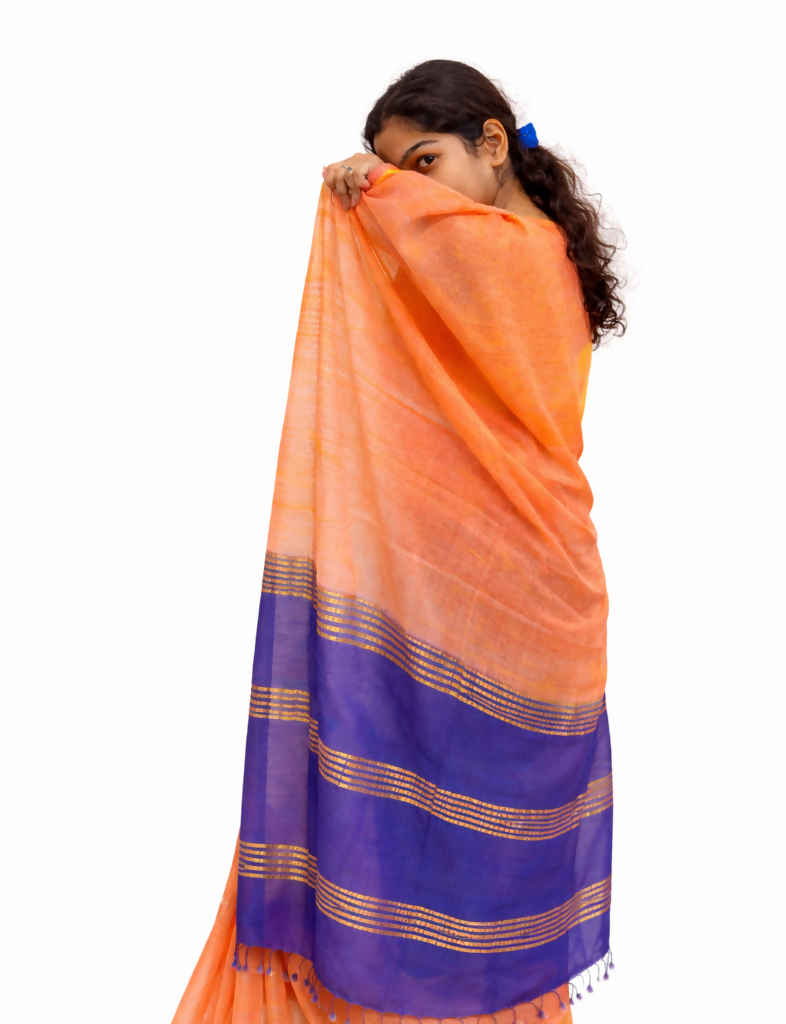 Azure Peach Cotton Silk Saree | SHOBITAM