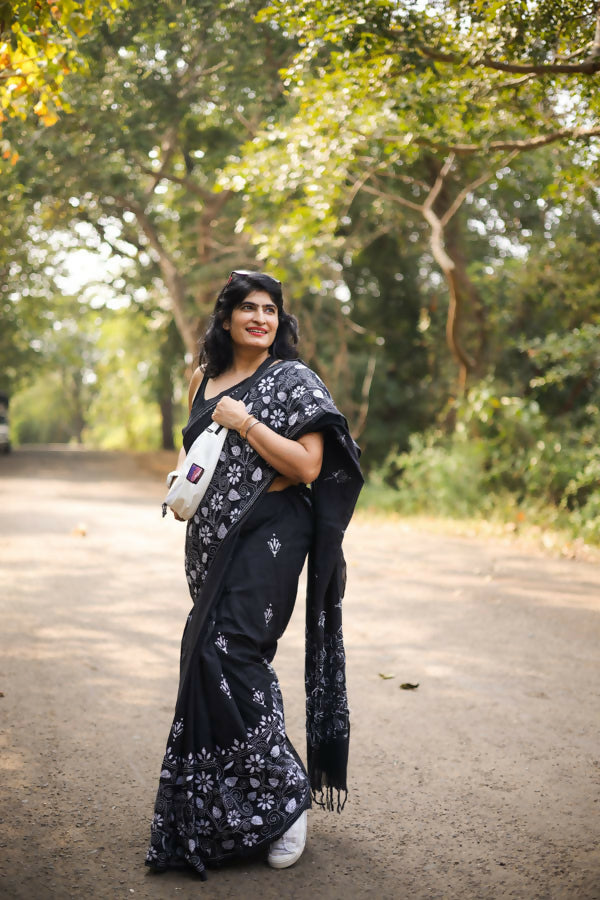 Kaalratri Kantha Stitch Saree in Cotton | Shobitam