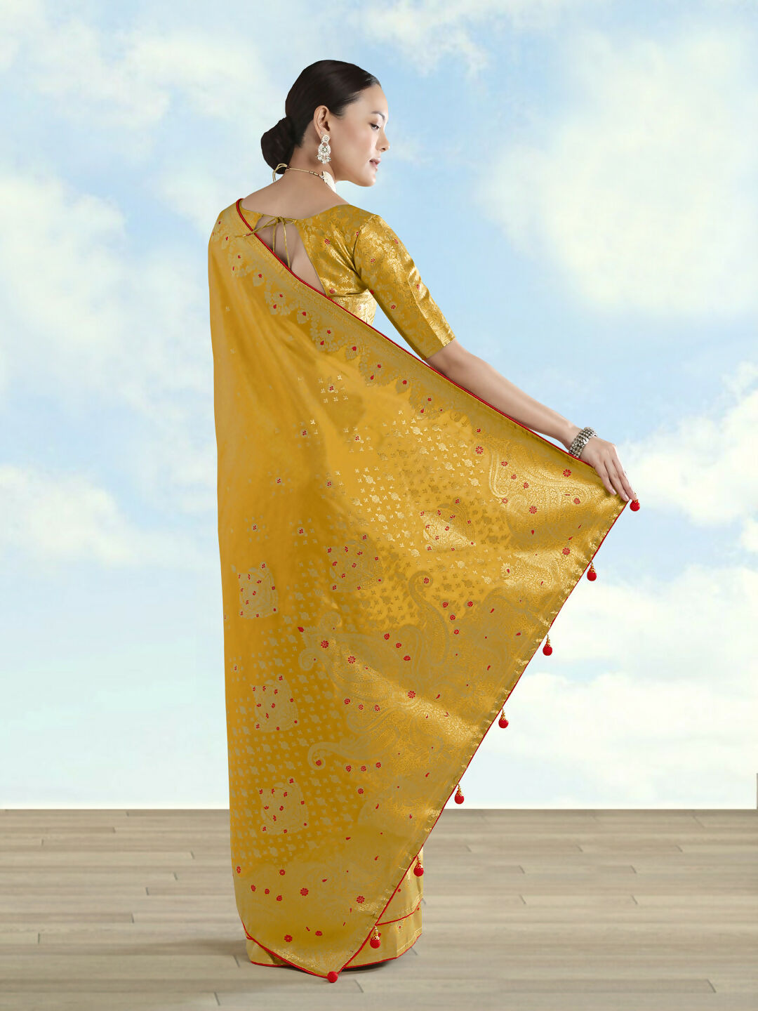 Mustard Color Paisley Zari Woven Semi Banarasi Tissue Silk Saree | Shobitam