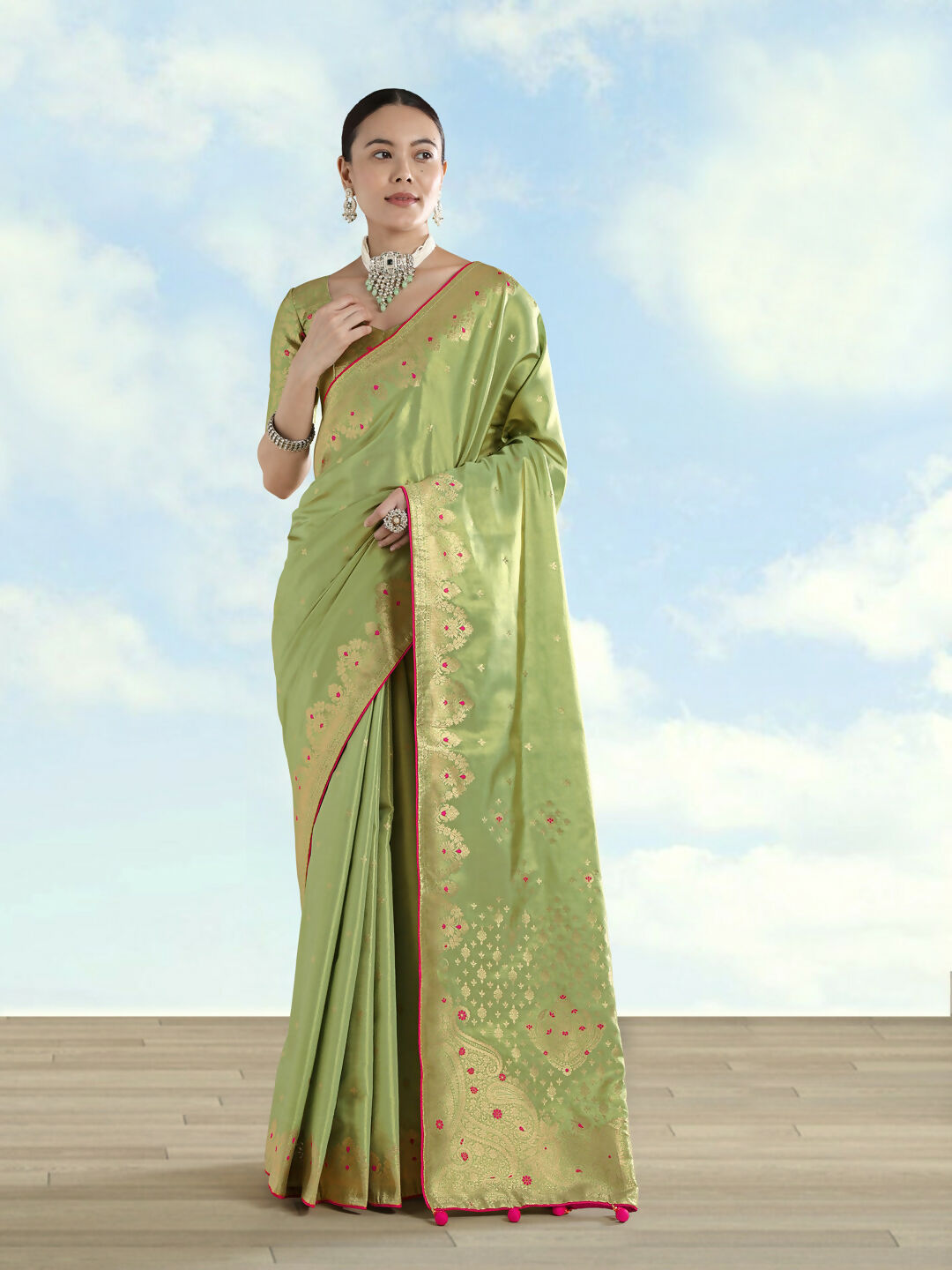 Parrot Green Color Paisley Zari Woven Semi Banarasi Tissue Silk Saree | Shobitam