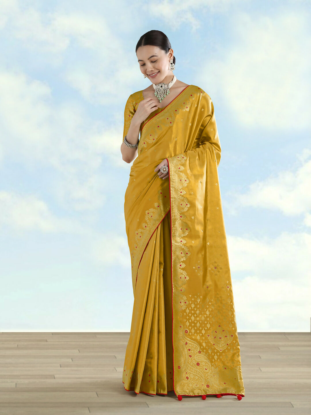 Mustard Color Paisley Zari Woven Semi Banarasi Tissue Silk Saree | Shobitam