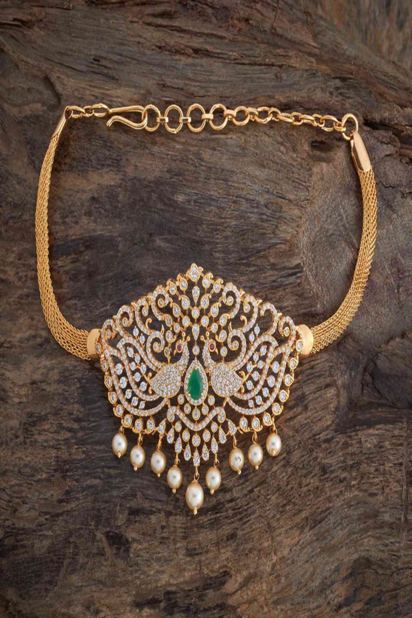 Peacock Motif Bajuband with CZ And Dangling Pearls, Single piece