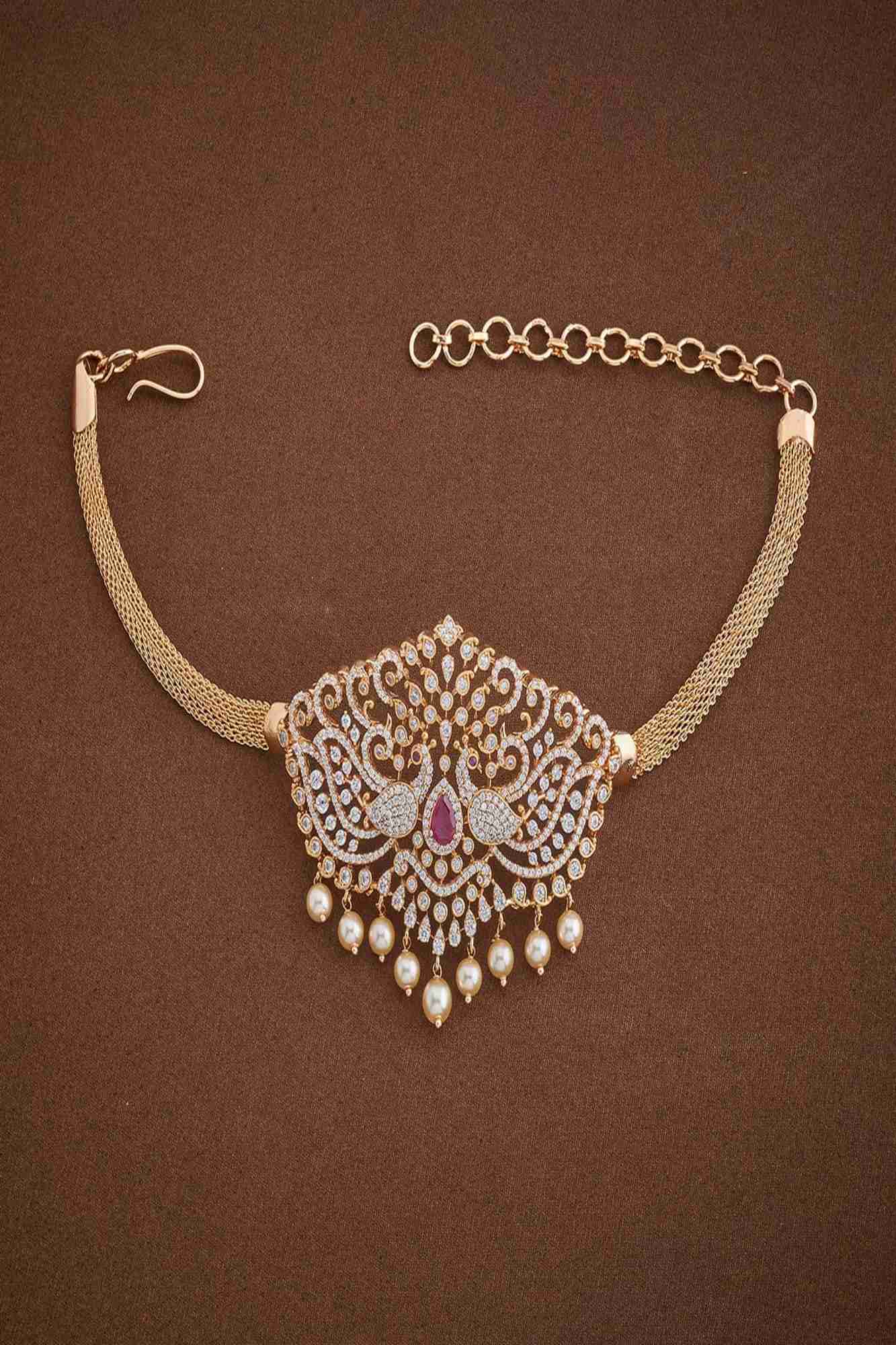 Peacock Motif Bajuband with CZ And Dangling Pearls, Single piece