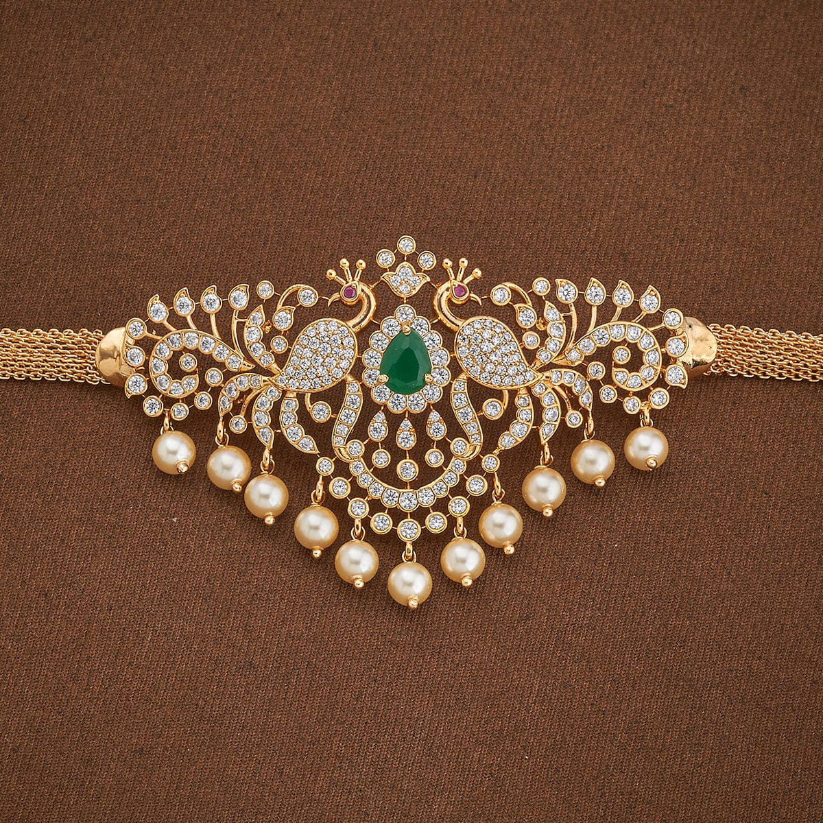 Twin Peacock Cz Stone Bajuband with Dangling Beads and Adjustable Chain, Single piece | SHOBITAM
