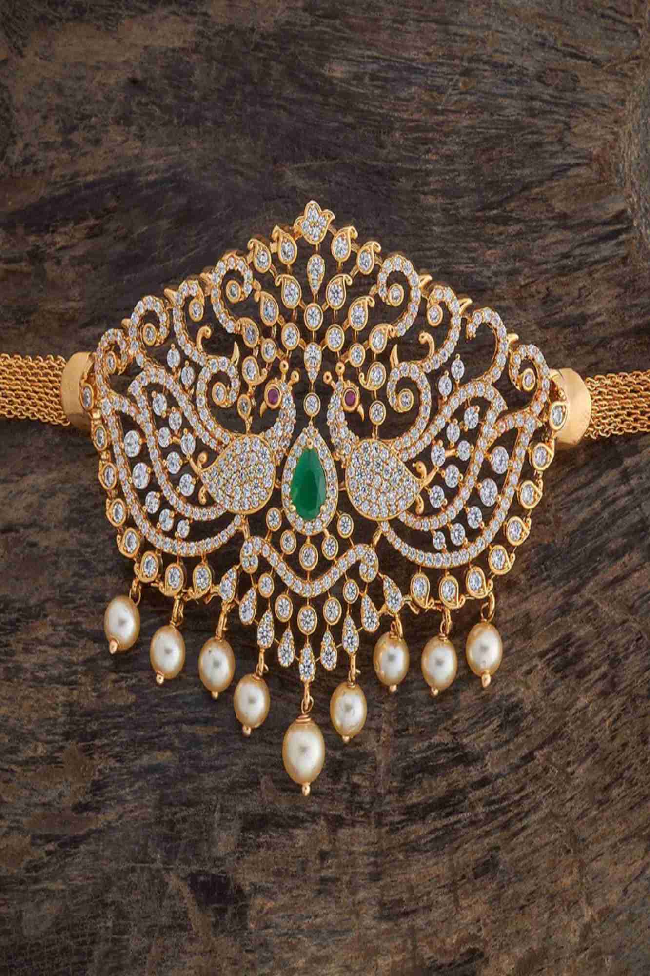 Peacock Motif Bajuband with CZ And Dangling Pearls, Single piece