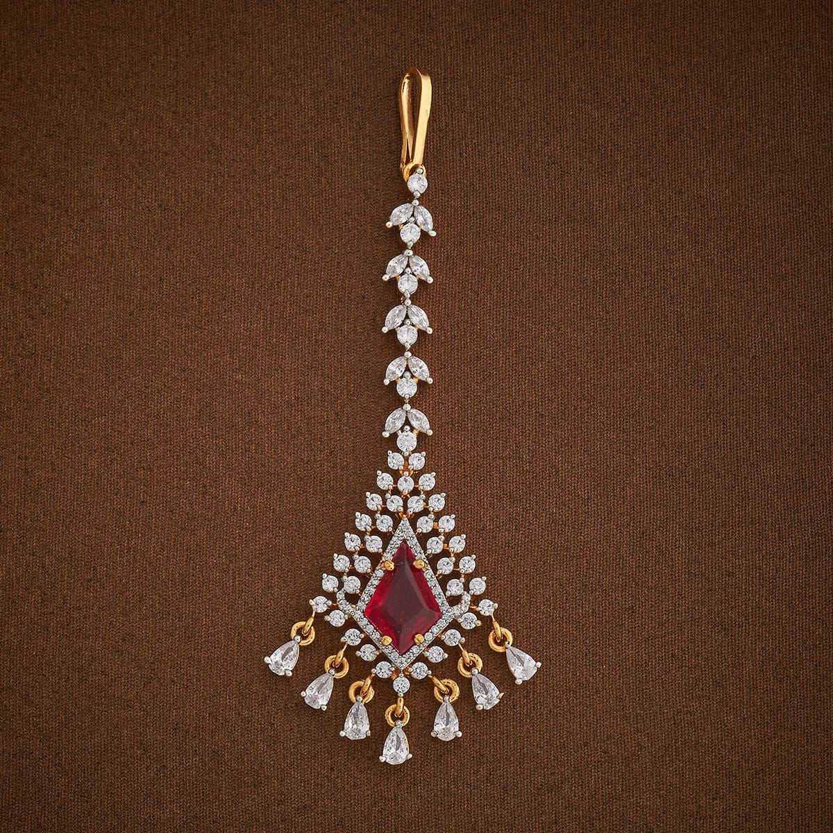 Handcrafted Tikka embellished with synthetic stones in White and Ruby | Shobitam