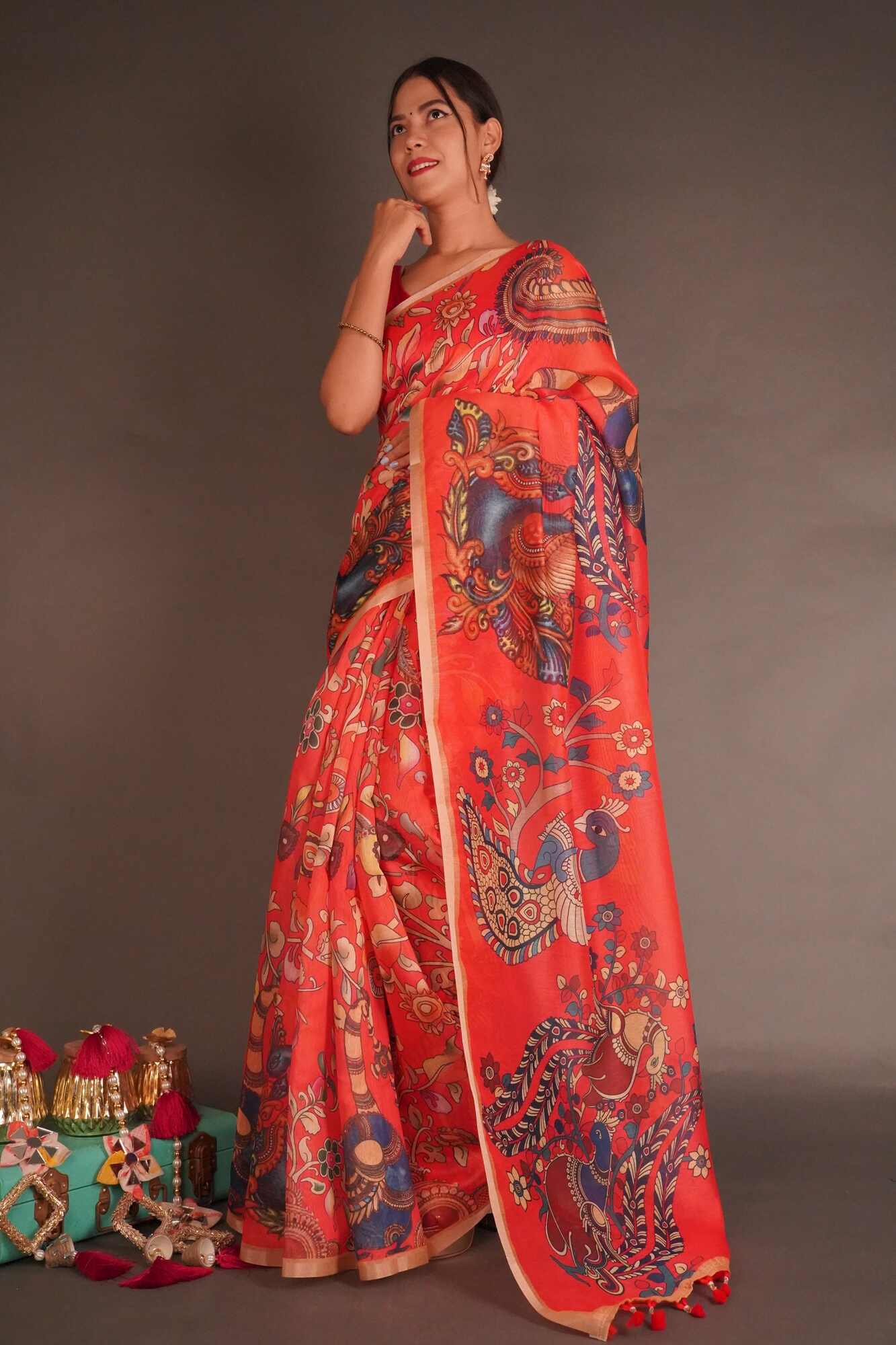 Ready To Wear Elegant Red Kalamkari Printed Cotton Linen Wrap in 1 minute saree With Readymade Blouse - Isadora Life Online Shopping Store