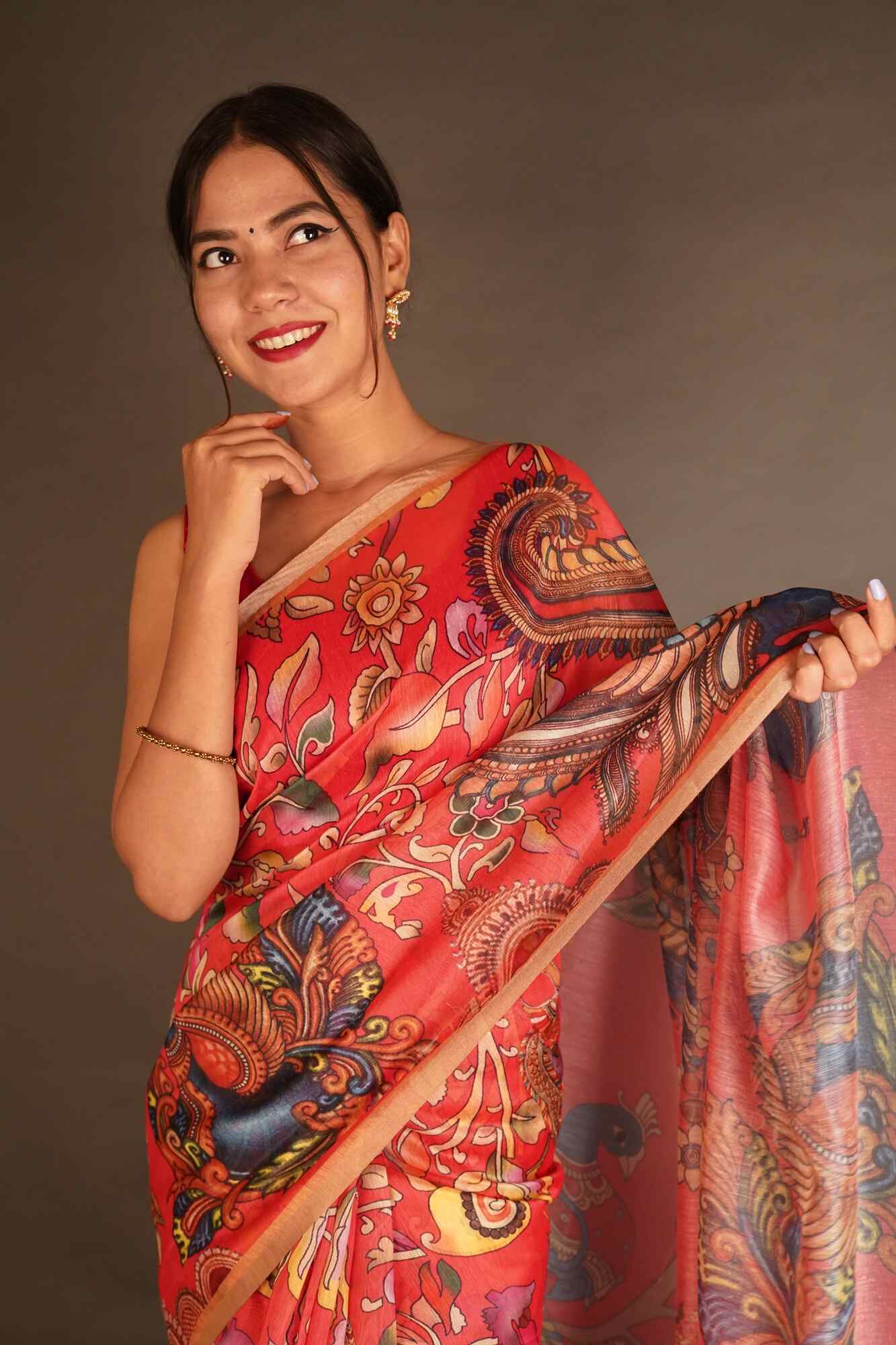Ready To Wear Elegant Red Kalamkari Printed Cotton Linen Wrap in 1 minute saree With Readymade Blouse - Isadora Life Online Shopping Store