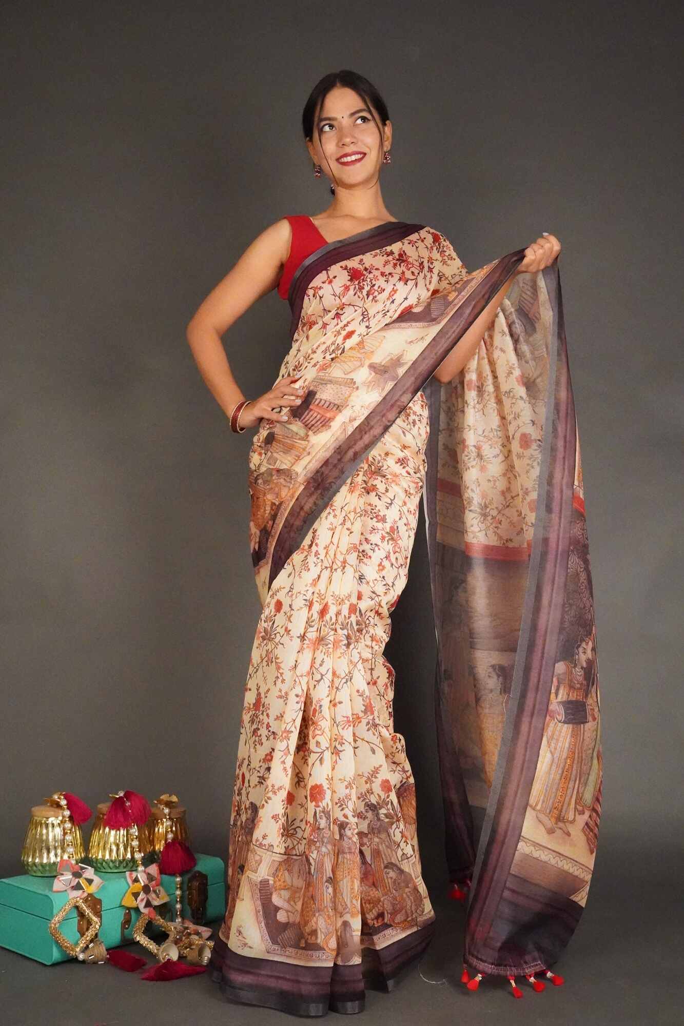 Ready To Wear Elegant Beige Kalamkari Printed Cotton Linen Wrap in 1 minute saree - Isadora Life Online Shopping Store