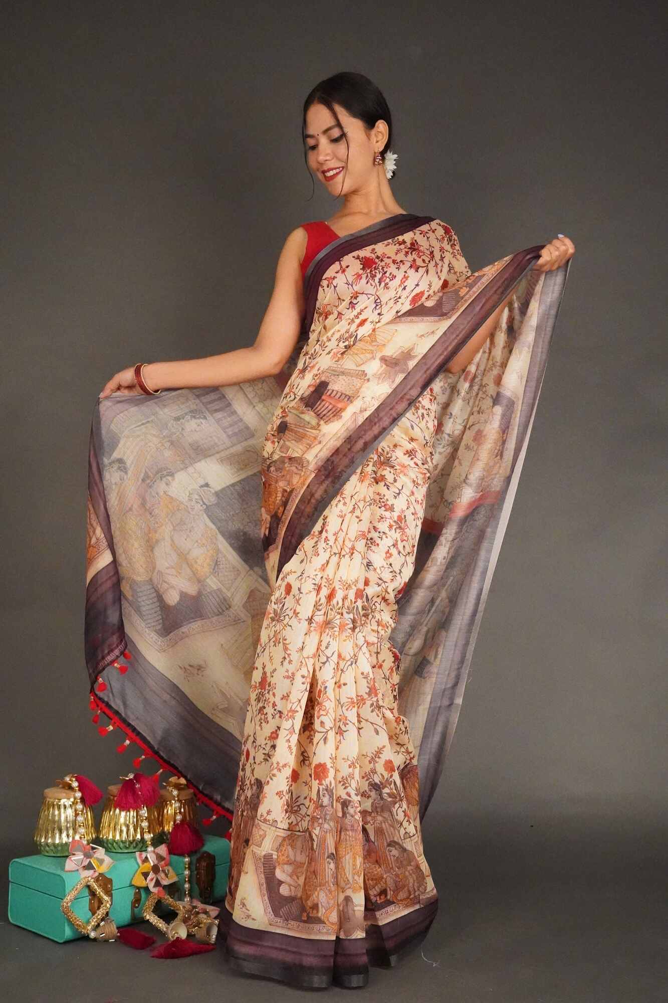 Ready To Wear Elegant Beige Kalamkari Printed Cotton Linen Wrap in 1 minute saree - Isadora Life Online Shopping Store