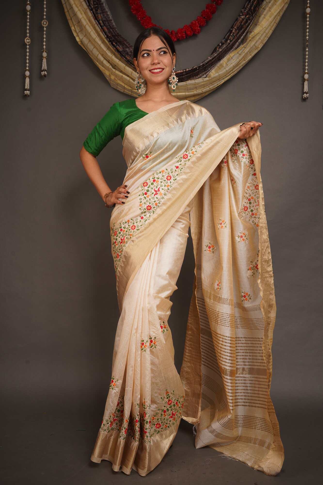 Ready to Wear Kerala Kasavu Embroidered Cotton Silk Wrap in 1 minute Saree with Readymade Blouse - Isadora Life Online Shopping Store