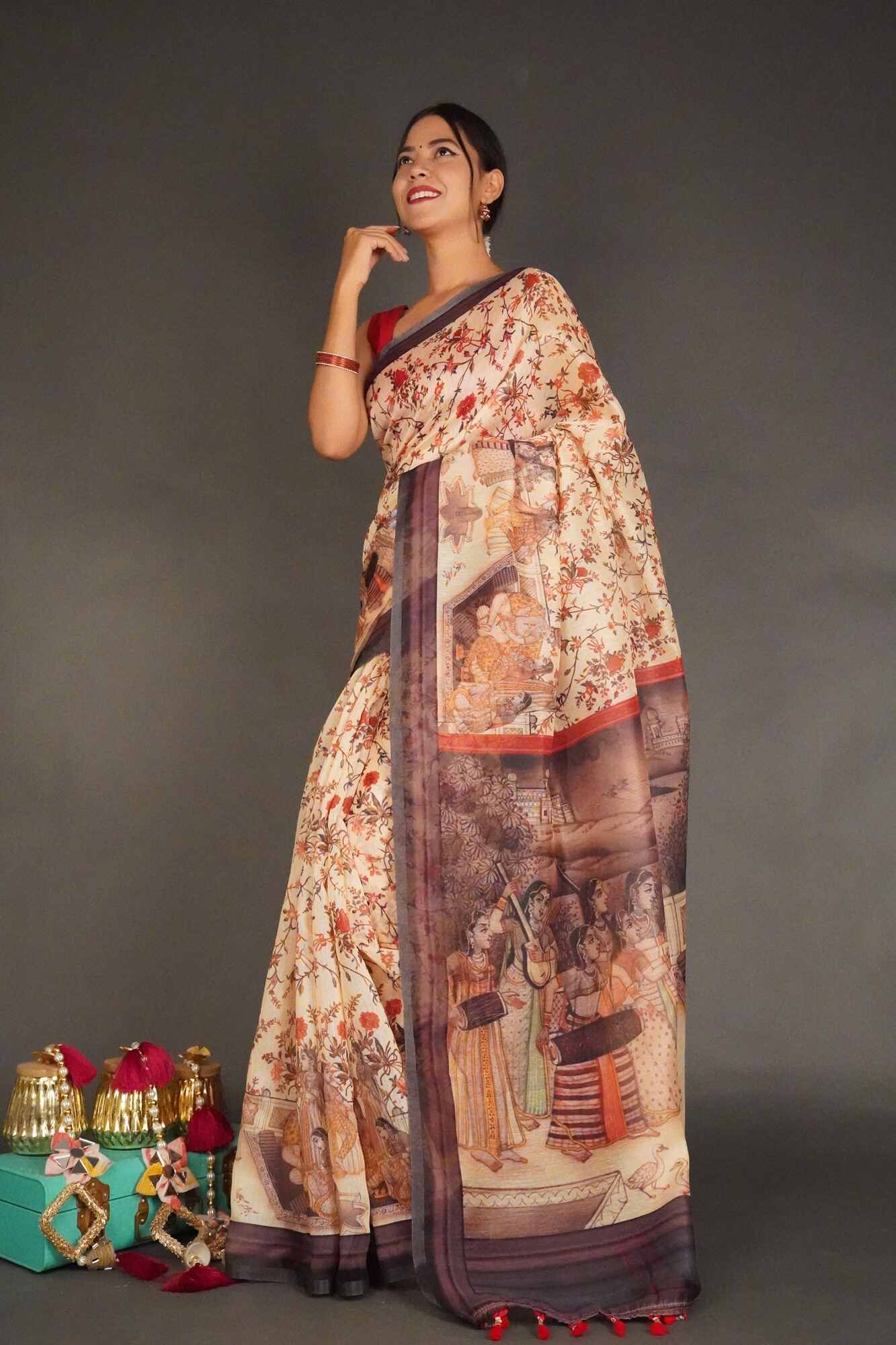 Ready To Wear Elegant Beige Kalamkari Printed Cotton Linen Wrap in 1 minute saree - Isadora Life Online Shopping Store