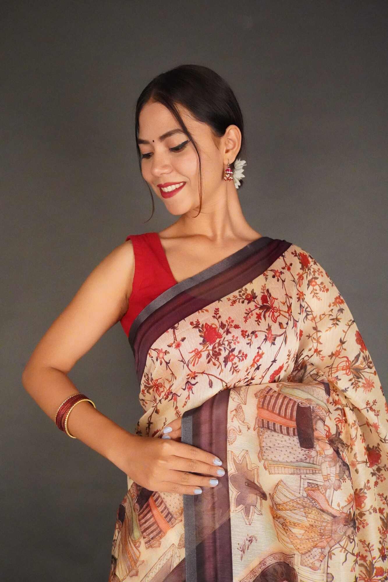 Ready To Wear Elegant Beige Kalamkari Printed Cotton Linen Wrap in 1 minute saree - Isadora Life Online Shopping Store