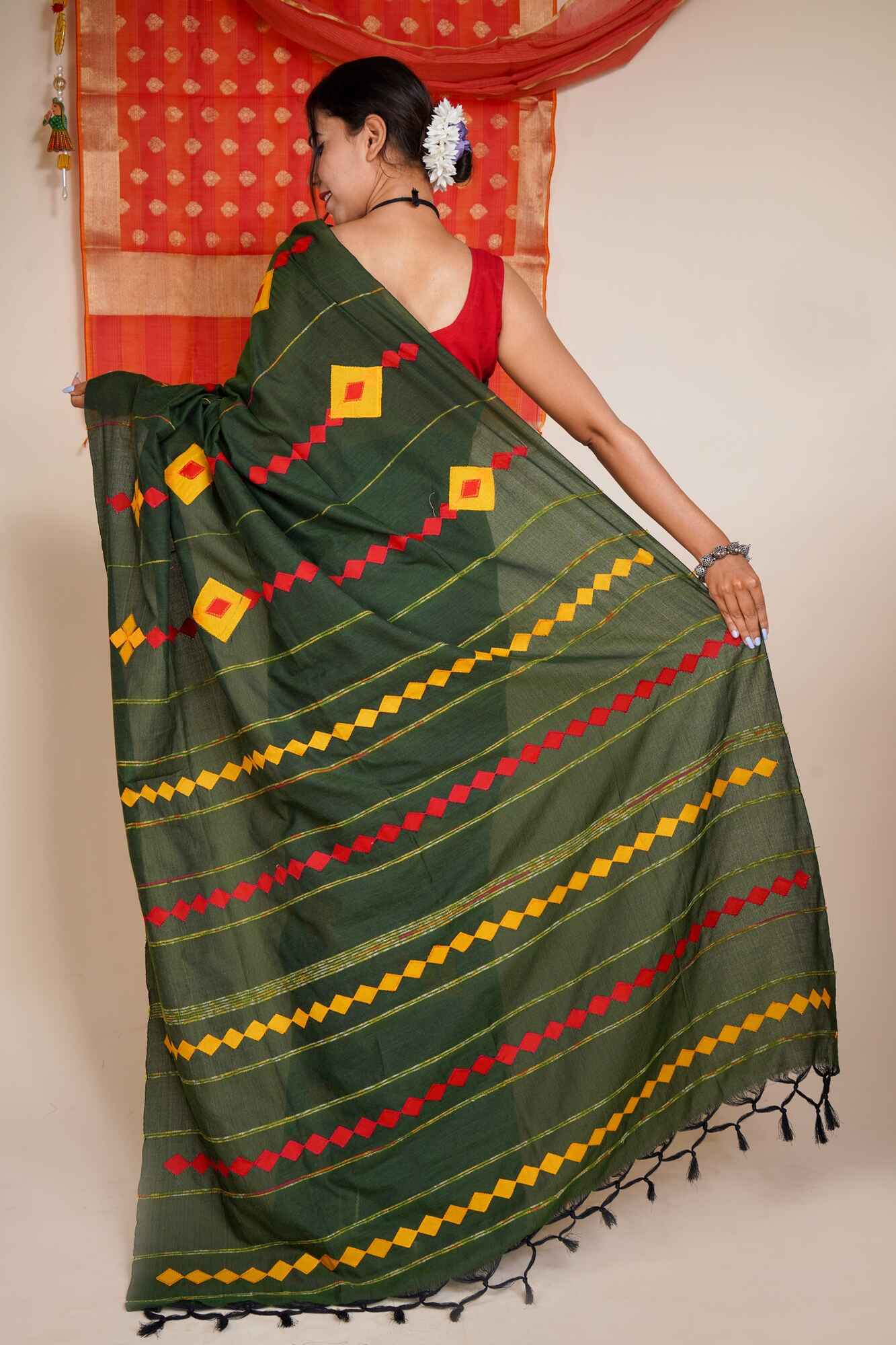 Khesh Pure Cotton Applique Work Ready to wear saree With Readymade Blouse - Isadora Life Online Shopping Store