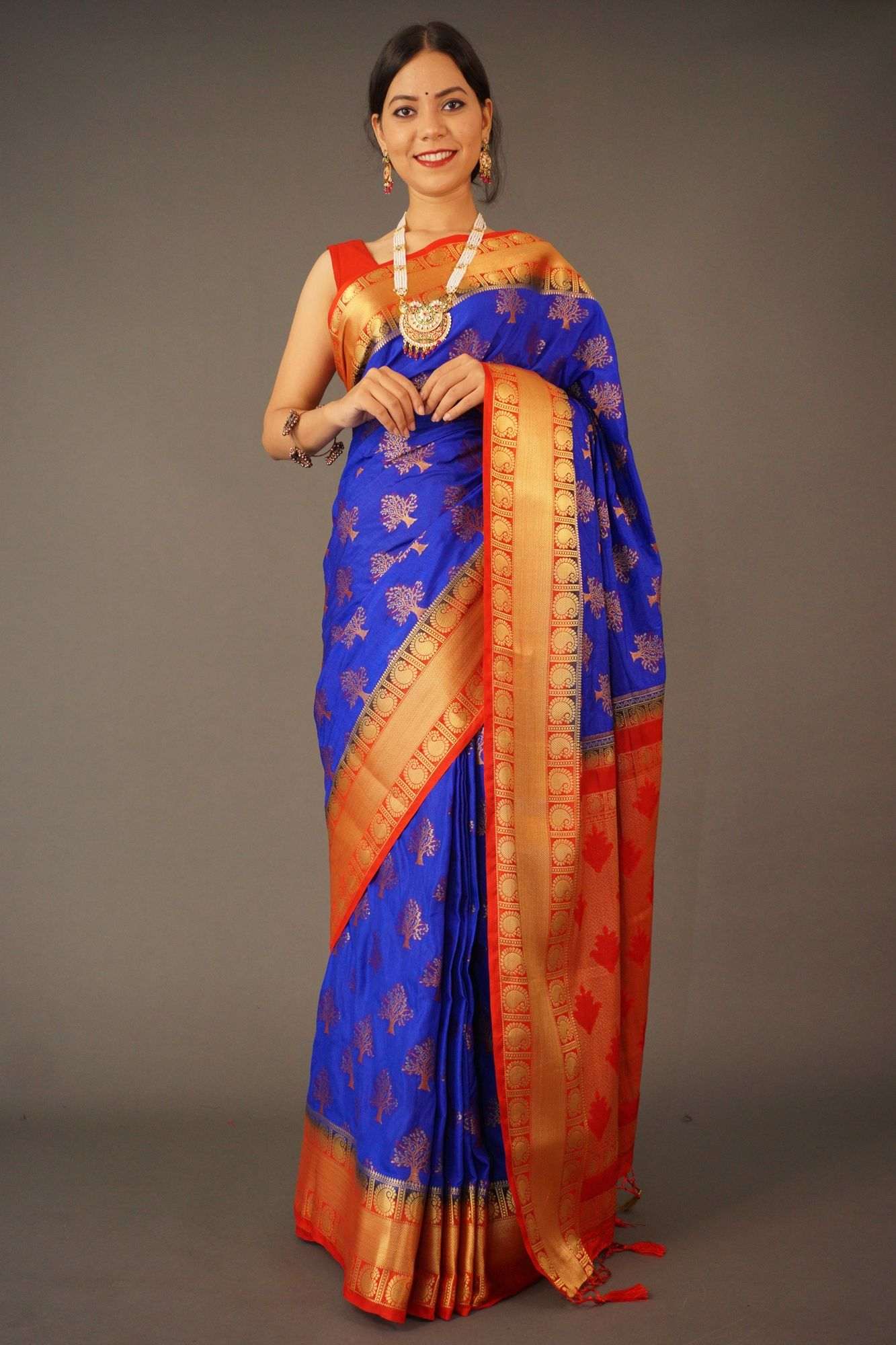 Blue and gold ornate pallu kanchipuram art silk wrap in 1 minute saree - Isadora Life Online Shopping Store