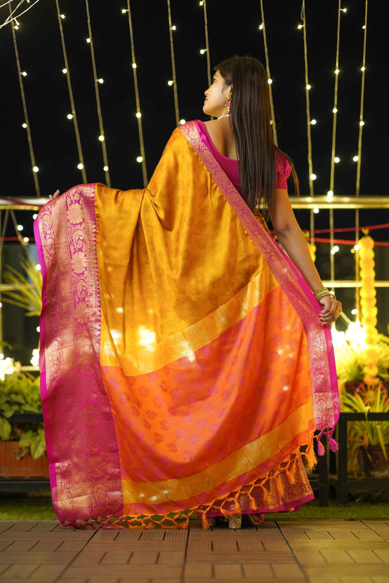 Golden Yellow & Pink Designer Pure Silk with Jacquard Saree Wrap in 1 minute saree - Isadora Life Online Shopping Store