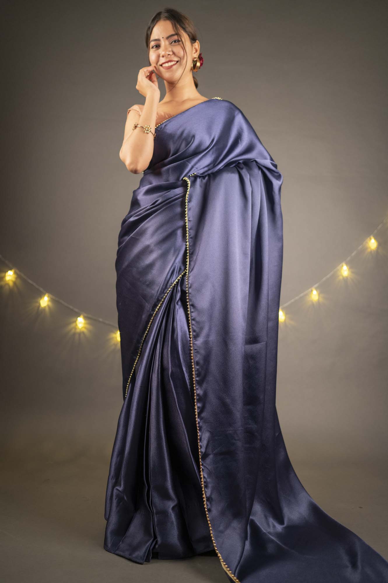 Satin with moti lace border wrap in 1 minute saree - Isadora Life Online Shopping Store