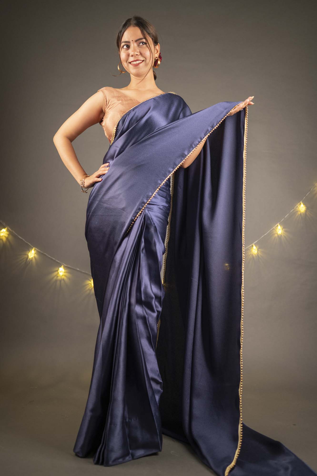 Satin with moti lace border wrap in 1 minute saree - Isadora Life Online Shopping Store