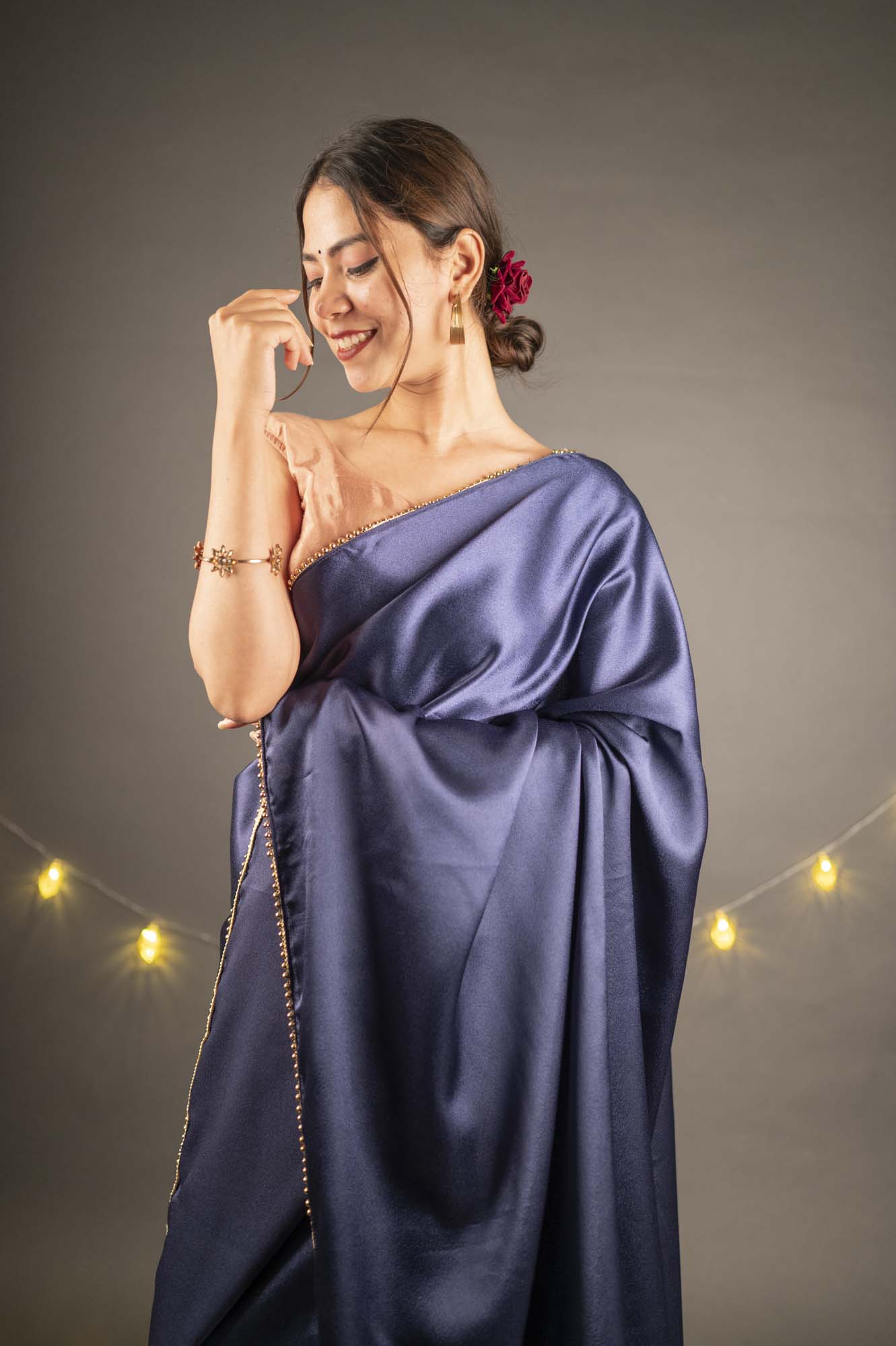 Satin with moti lace border wrap in 1 minute saree - Isadora Life Online Shopping Store