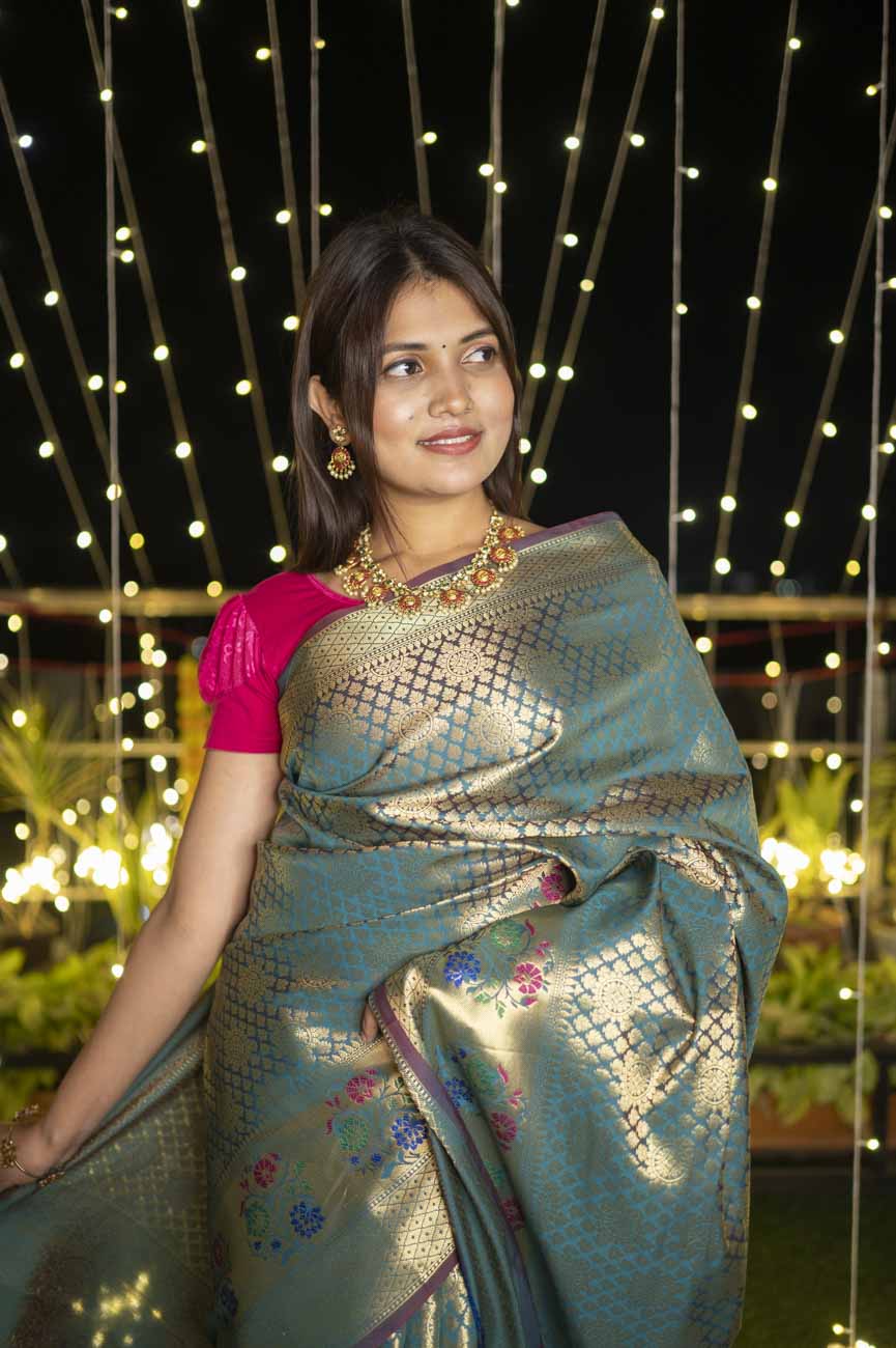 Mehendi green dhoop chaanv banarasi meenkari border stitched pleated wrap in 1 minute saree - Isadora Life Online Shopping Store