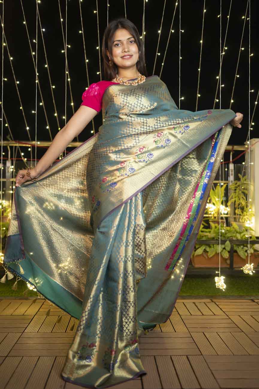 Mehendi green dhoop chaanv banarasi meenkari border stitched pleated wrap in 1 minute saree - Isadora Life Online Shopping Store