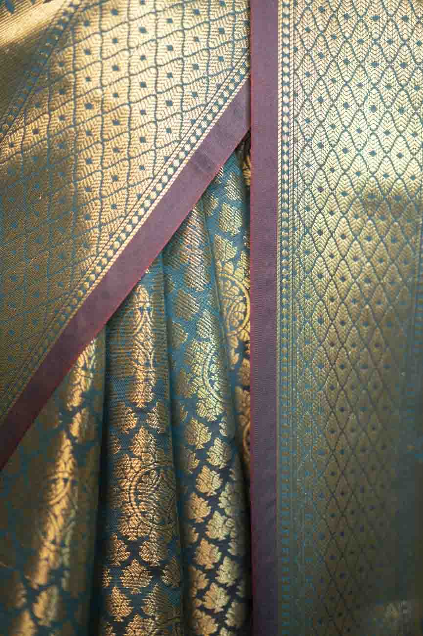 Mehendi green dhoop chaanv banarasi meenkari border stitched pleated wrap in 1 minute saree - Isadora Life Online Shopping Store