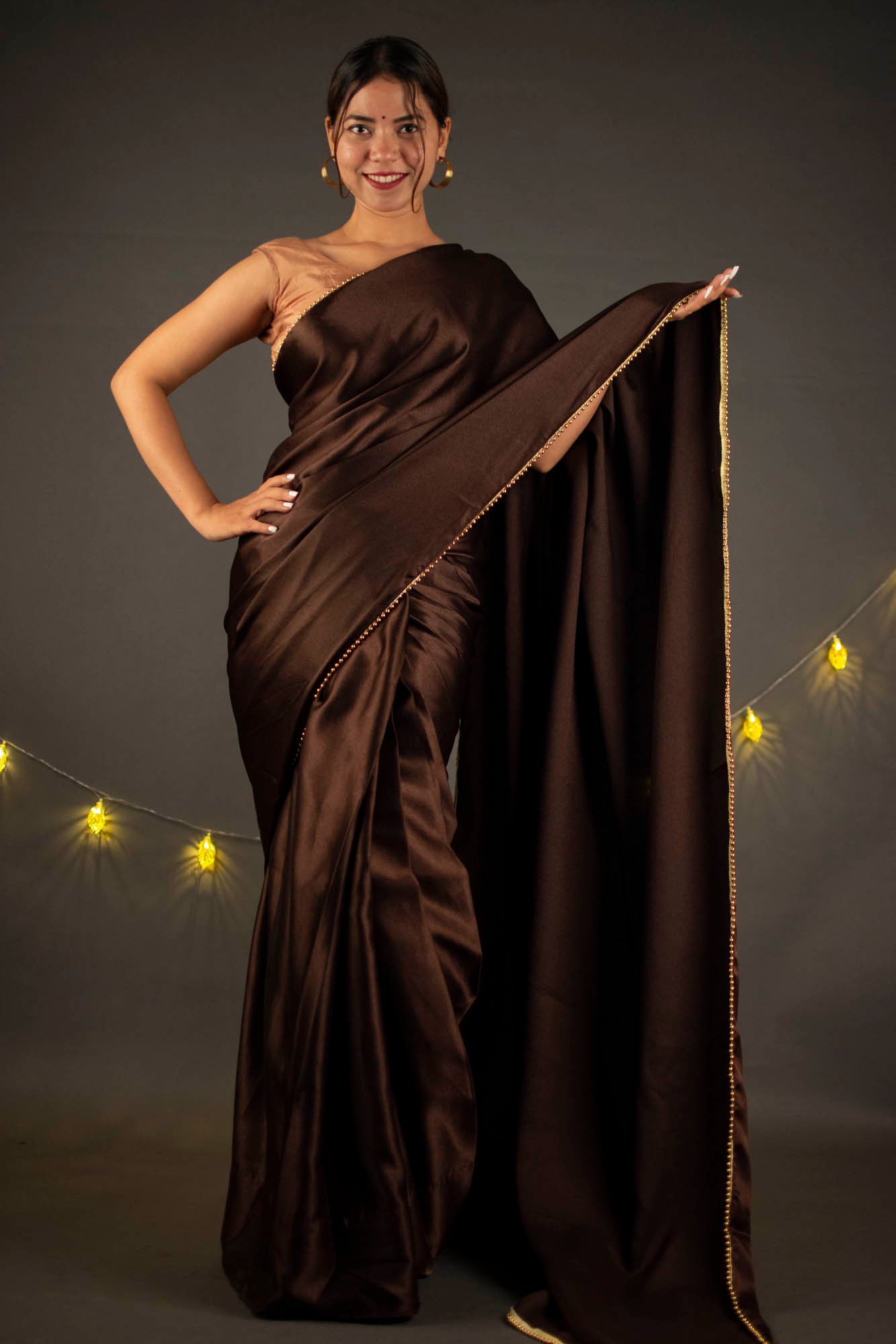 Chocolate brown satin wrap in 1 minute with moti lace - Isadora Life Online Shopping Store