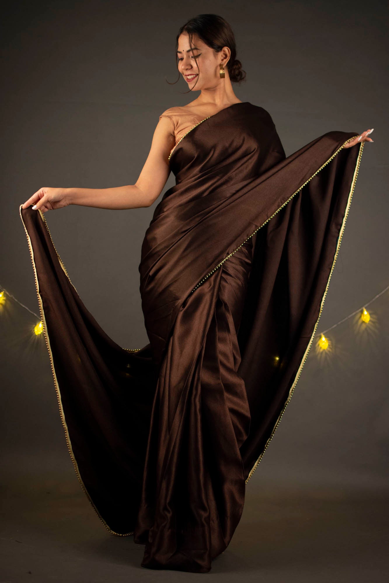Chocolate brown satin wrap in 1 minute with moti lace - Isadora Life Online Shopping Store
