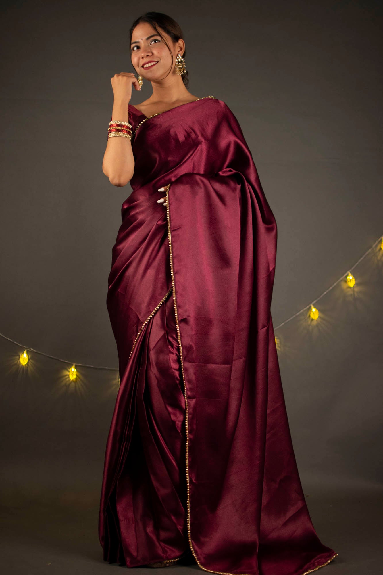 Royal purple satin wrap in 1 minute saree with moti lace - Isadora Life Online Shopping Store