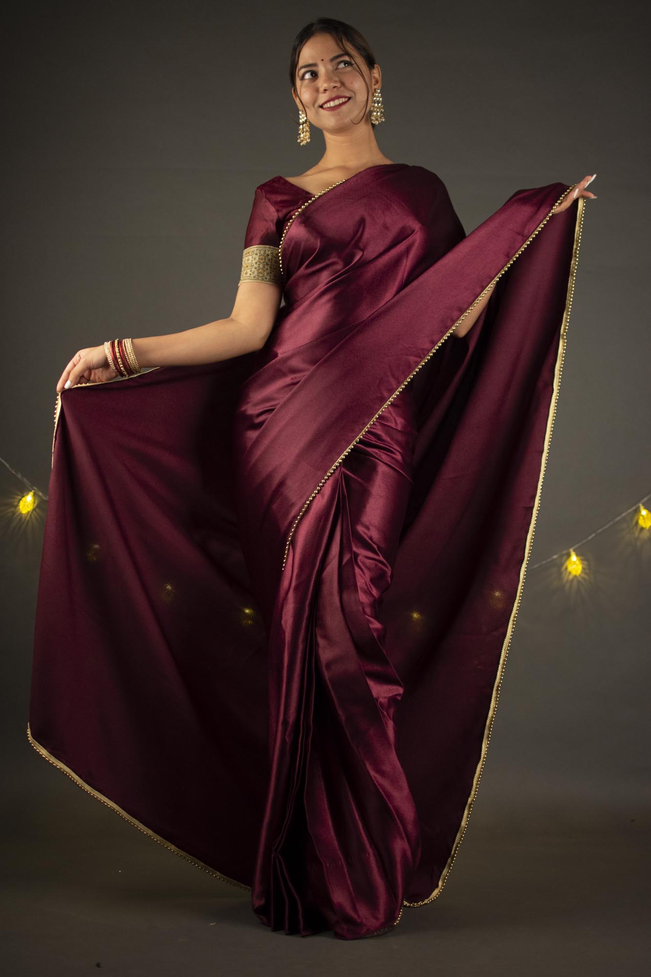 Royal purple satin wrap in 1 minute saree with moti lace - Isadora Life Online Shopping Store