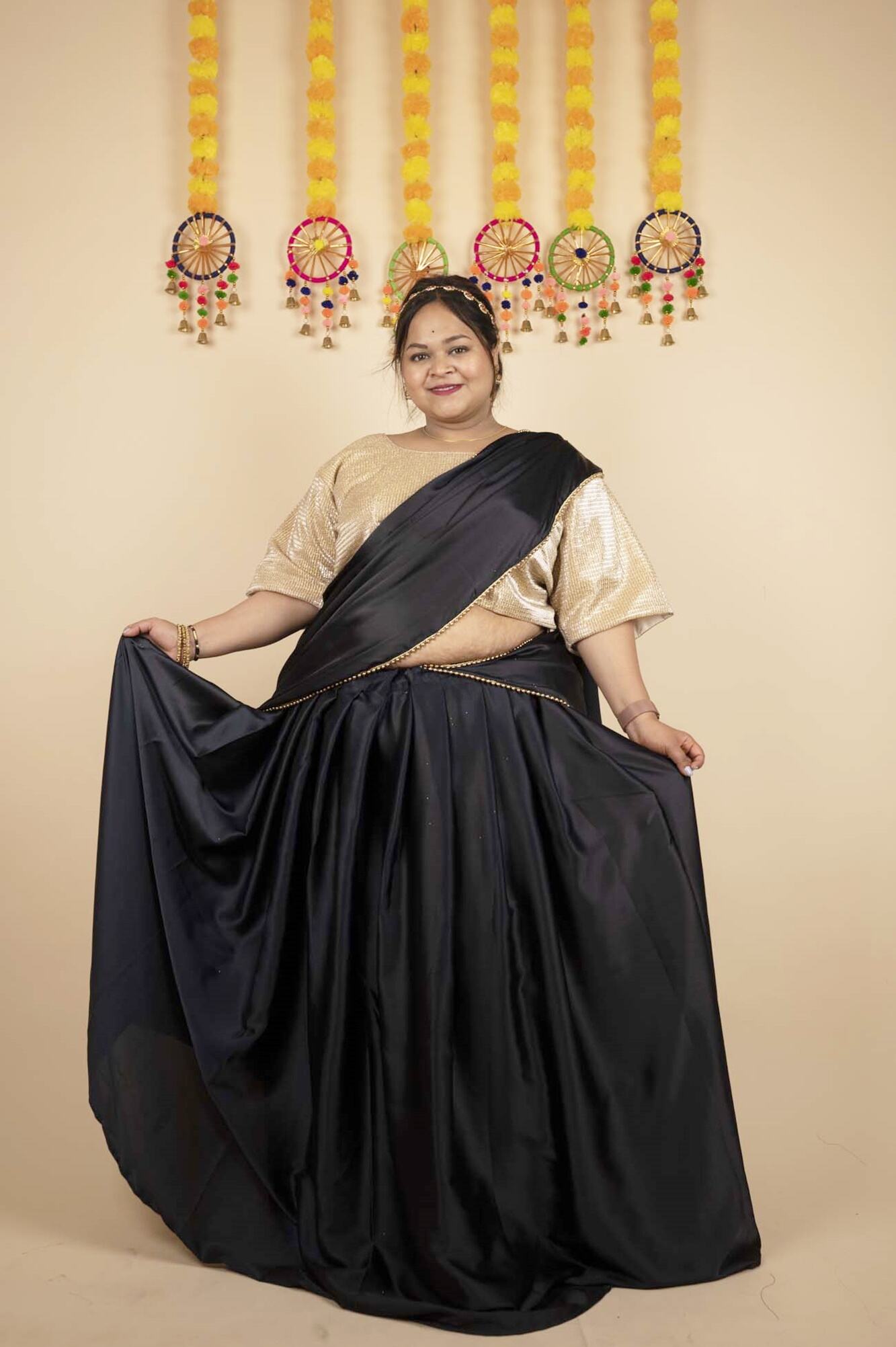 HALF SAREE TWIST - Ruffled Satin Dupatta with golden moti lace half saree and stitched golden blouse - Isadora Life Online Shopping Store