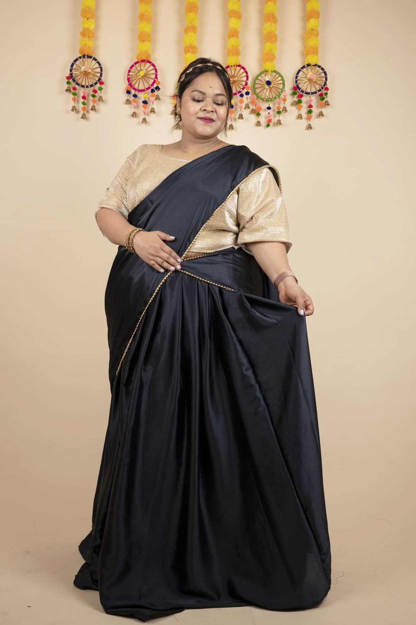 HALF SAREE TWIST - Ruffled Satin Dupatta with golden moti lace half saree and stitched golden blouse - Isadora Life Online Shopping Store