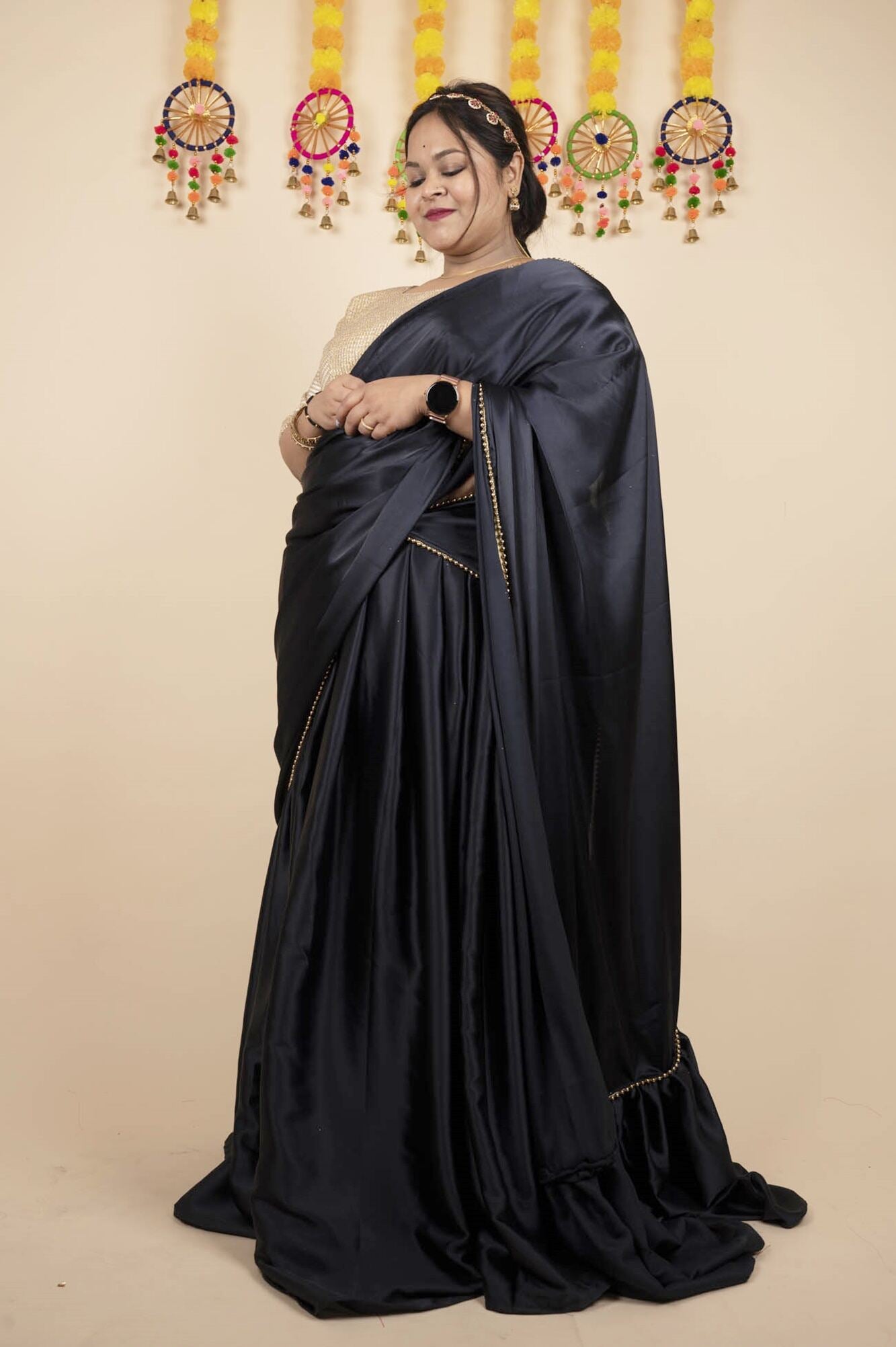 HALF SAREE TWIST - Ruffled Satin Dupatta with golden moti lace half saree and stitched golden blouse - Isadora Life Online Shopping Store