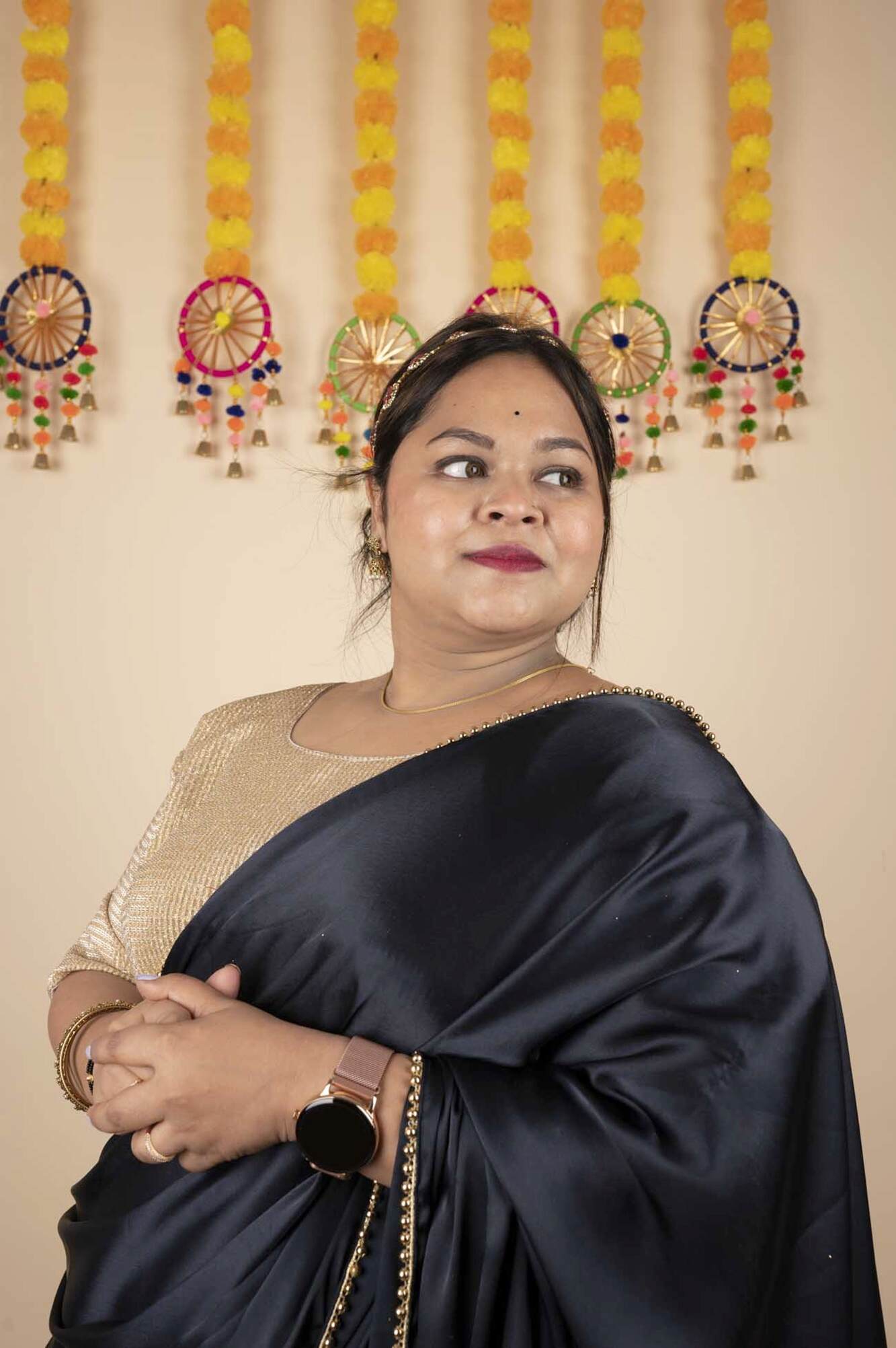 HALF SAREE TWIST - Ruffled Satin Dupatta with golden moti lace half saree and stitched golden blouse - Isadora Life Online Shopping Store