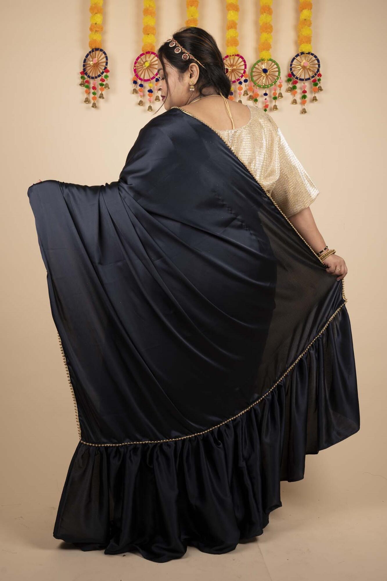 HALF SAREE TWIST - Ruffled Satin Dupatta with golden moti lace half saree and stitched golden blouse - Isadora Life Online Shopping Store