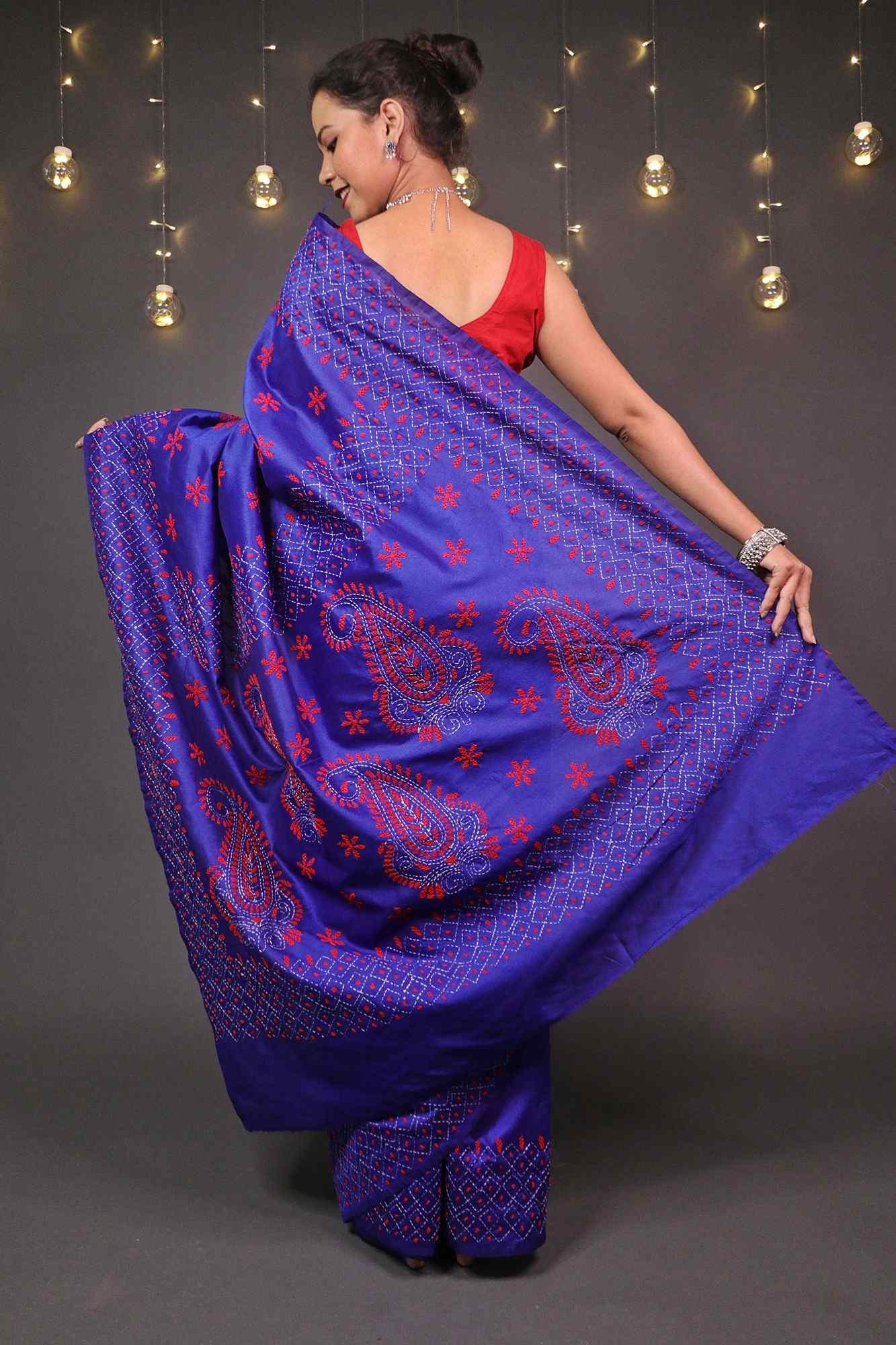 Beautiful traditional kantha work all over wrap in 1 minute saree - Isadora Life Online Shopping Store